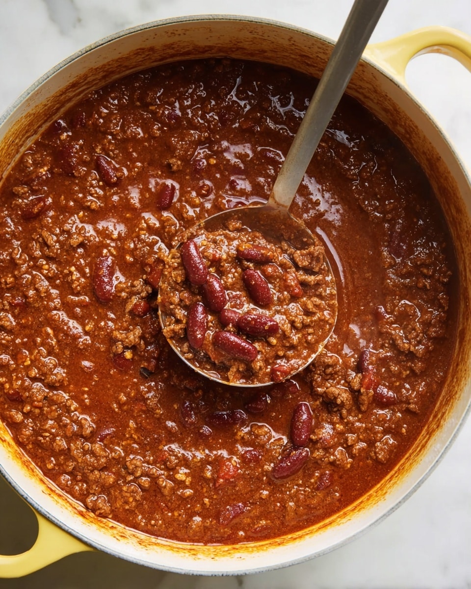 A close-up view of a yellow pot filled with thick brown chili, showing visible kidney beans mixed with finely ground meat and rich tomato sauce. A large silver ladle is partly dipped in the chili, lifting some of the chunky mixture, with a slight shine on the sauce indicating moisture. The pot sits on a white marbled surface, and the inside rim of the pot is white, contrasting with the vibrant chili inside. Photo taken with an iphone --ar 4:5 --v 7