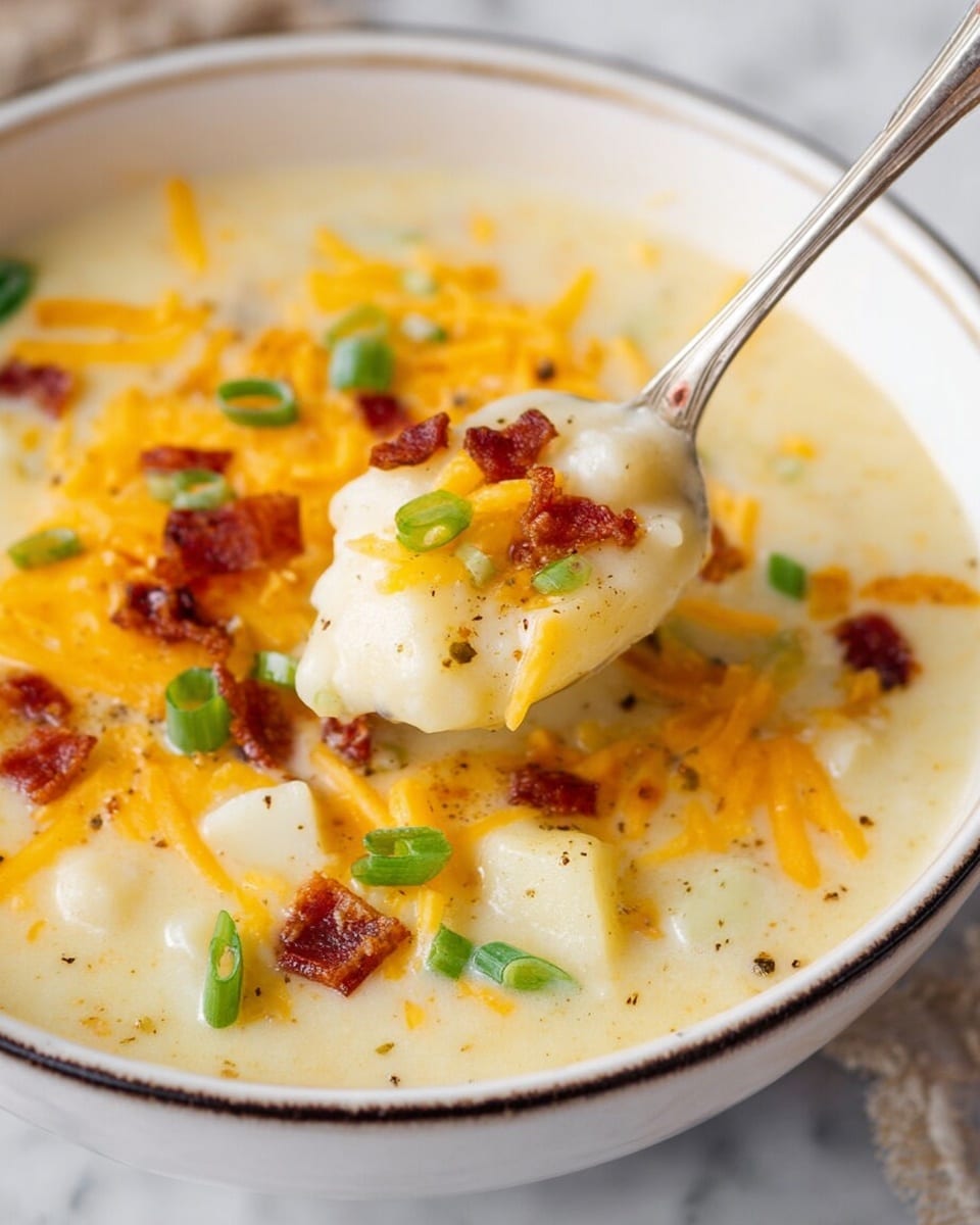 This image shows a close-up of a creamy soup in a white bowl with a thin dark rim, placed on a white marbled surface. The soup is thick and pale yellow with visible small white chunks of potato throughout. On top, there are bright orange shredded cheese pieces, small bits of brown bacon, and thin green slices of spring onion scattered for garnish. A spoon holds a scoop of the soup, showing the creamy texture and the same toppings in detail. Photo taken with an iphone --ar 4:5 --v 7