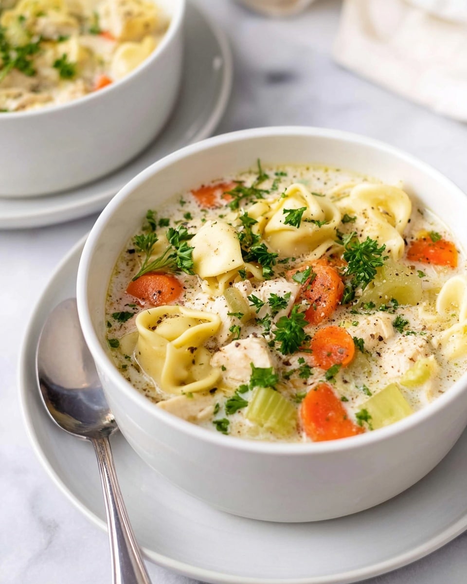 A white bowl filled with creamy soup sits on a white plate on a white marbled surface. The soup has several layers: a thick cream-colored broth base with visible herbs, bright orange carrot chunks, light green celery pieces, small white chunks of chicken, and pale yellow tortellini pasta. The top is sprinkled with fresh green parsley. A silver spoon rests on the plate beside the bowl. Another similar bowl is slightly blurred in the background. Photo taken with an iphone --ar 4:5 --v 7