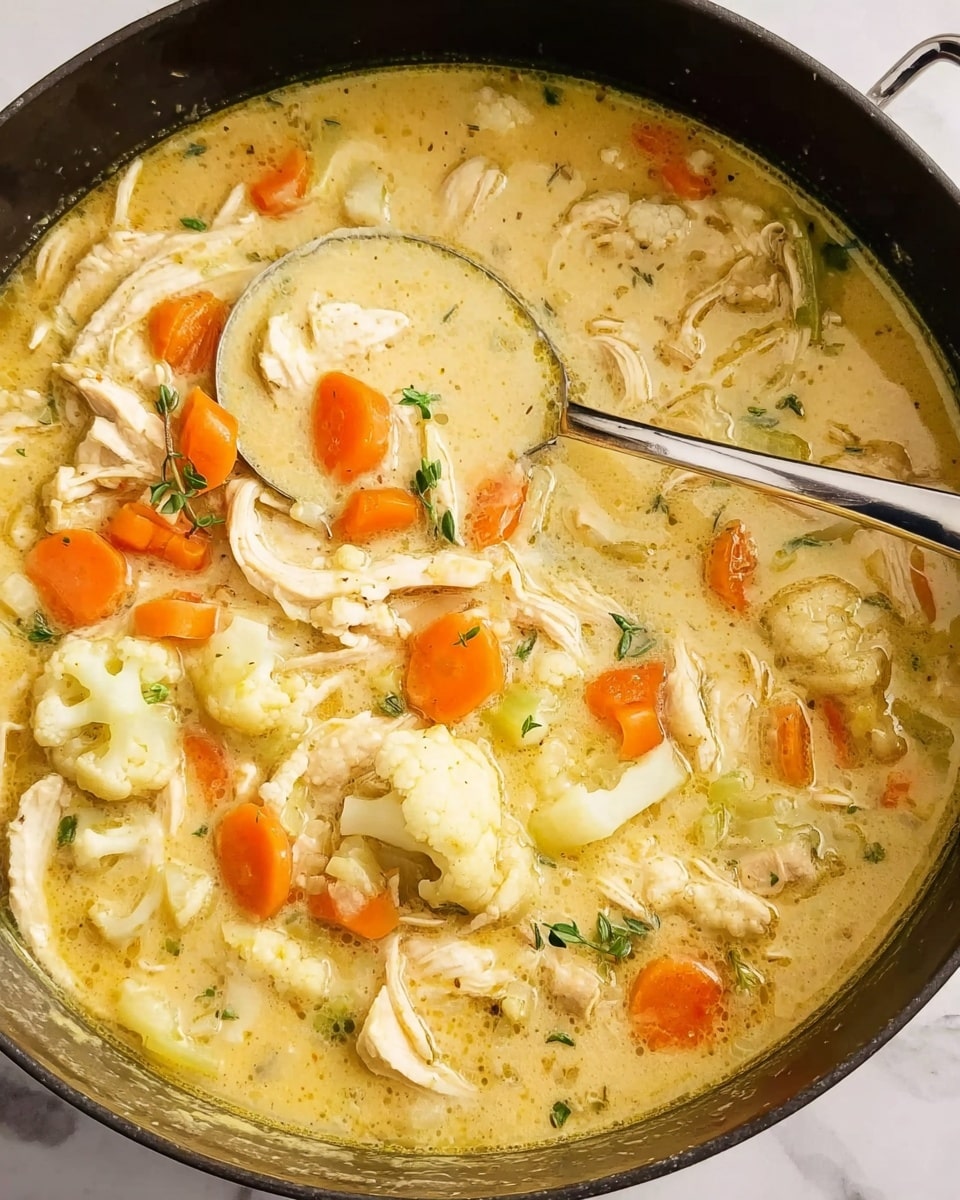 The image shows a white bowl filled with a creamy soup that has visible layers of ingredients. The bottom layer is a smooth, light-yellow broth with a slightly oily surface. On top, there are pieces of shredded pale chicken scattered throughout. Large chunks of white cauliflower florets rest on the surface, along with bright orange cubed carrots. Small green herb leaves are sprinkled over the ingredients, adding a fresh touch. A silver spoon is partially dipped into the soup on the right side of the bowl. The bowl is set on a white marbled surface, with some green herb sprigs visible in the background. Photo taken with an iphone --ar 4:5 --v 7