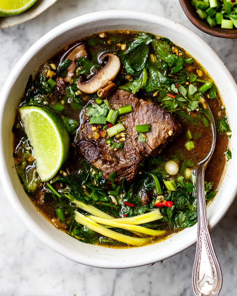 A white bowl filled with clear brown broth that has small oil bubbles on the surface. Inside the soup are three main layers visible: at the bottom are dark green leafy vegetables and sliced mushrooms; the middle layer has a large piece of brown cooked meat sitting slightly off-center; on top are bright green chopped scallions, thin yellow strips, small red chili flakes, and a lime wedge positioned on one side. The bowl is set on a white marbled surface, with a woman’s hand holding a folded beige cloth with dark stripes nearby. Photo taken with an iphone --ar 4:5 --v 7