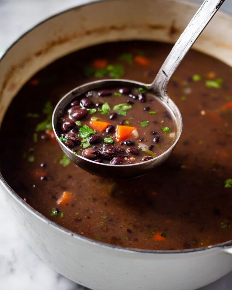 A close-up of a silver ladle lifting thick black bean soup from a white pot. The soup is dark brown with whole black beans, small orange carrot slices, and bits of green cilantro floating on the surface. The white pot shows slight wear, sitting on a white marbled surface. The soup inside the pot looks smooth with small vegetable pieces visible underneath the liquid, and some cilantro bits scattered on top. Photo taken with an iphone --ar 4:5 --v 7