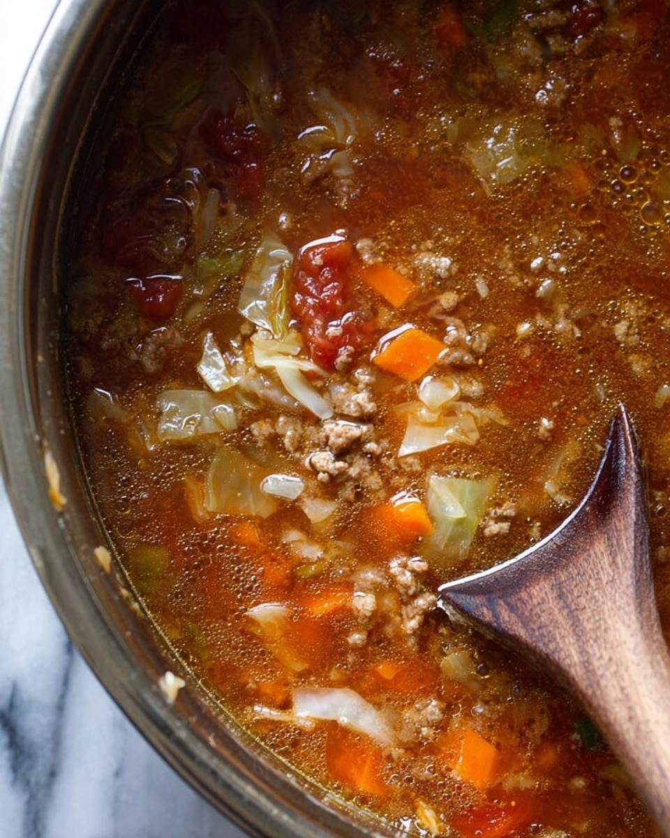 The image shows a close-up view of a pot filled with a thick, chunky soup. The soup has visible pieces of vegetables such as orange carrots, white cabbage, and red tomatoes mixed with ground meat throughout a rich brown broth dotted with small oil bubbles. A wooden spoon with a natural wood texture is partially submerged on the right side, stirring the soup. The pot rim is metallic and shiny, reflecting light. The background features a white marbled texture. photo taken with an iphone --ar 4:5 --v 7