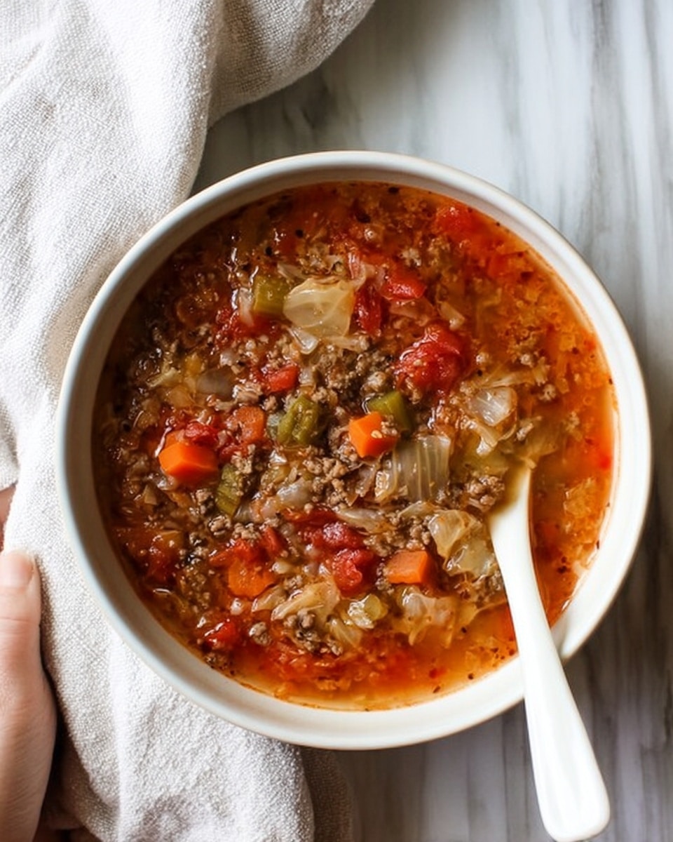 A white bowl filled with a chunky soup showing three main layers: the top layer is a mix of small ground meat pieces with visible small cubes of bright orange carrots, green celery bits, and translucent onions; the middle layer is a rich red broth with visible tomato chunks, creating a thick texture; the bottom layer has softer, lighter pieces of cabbage blending into the broth. The bowl is placed on a white marbled surface next to a white cloth and a white ceramic spoon with a woman's hand holding it. The overall color is warm with reddish-browns, oranges, and pale greens. photo taken with an iphone --ar 4:5 --v 7