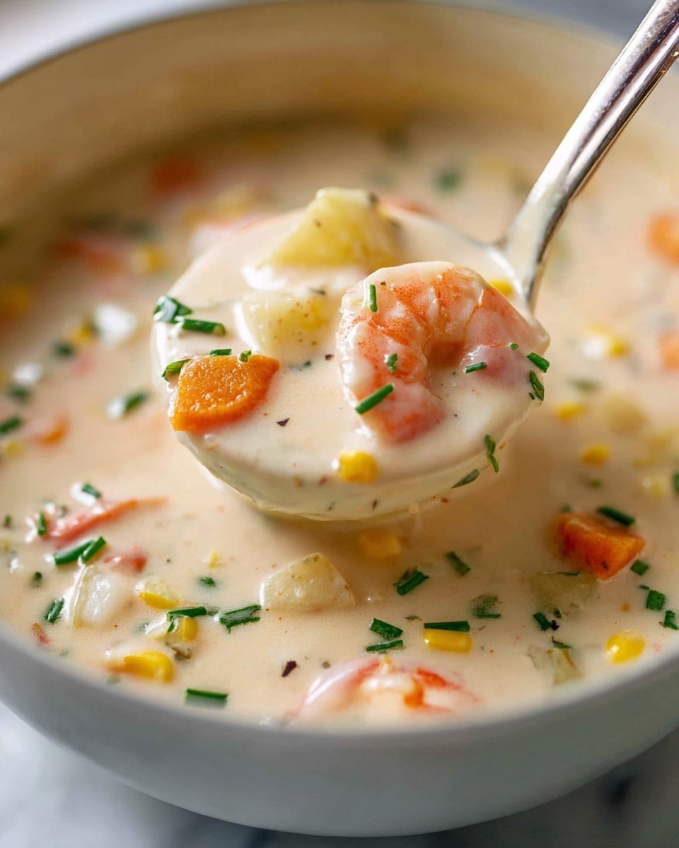 A close-up image shows a white ladle lifting creamy seafood chowder from a bowl. The chowder has a thick, smooth, light beige base with chunks of pink shrimp, small pieces of orange carrots, yellow corn kernels, and white potato cubes scattered throughout. Green herbs, likely chopped chives, are sprinkled on top, adding color contrast. The background is softly blurred, emphasizing the texture of the chowder. The edge of a white bowl is just visible under the ladle, and the whole scene is set on a white marbled surface. photo taken with an iphone --ar 4:5 --v 7