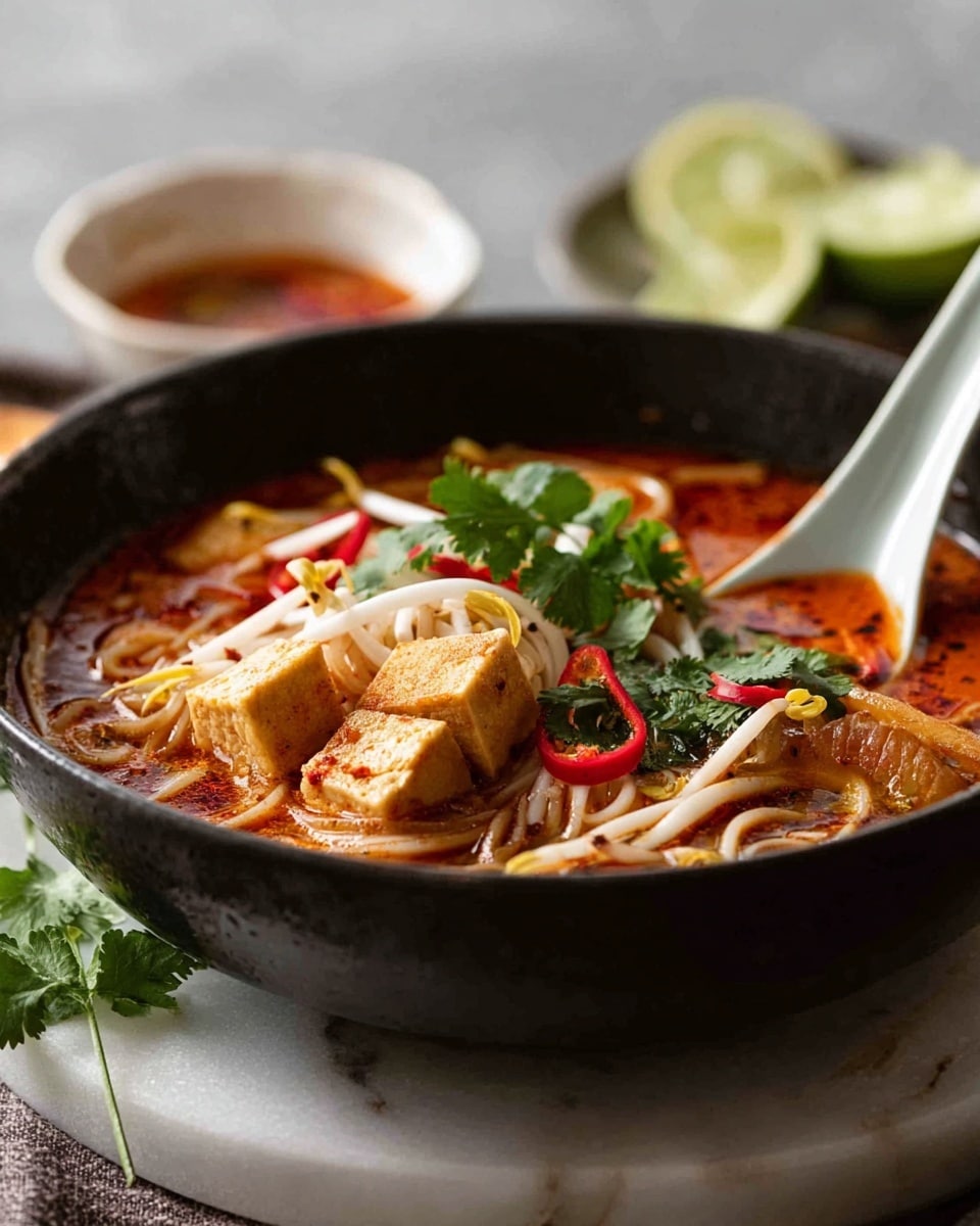 A deep black bowl filled with rich red-orange soup sits on a white marbled surface, layered first with a smooth broth, floating noodles forming a soft, pale yellow base. On top, light brown tofu cubes rest gently, mixed with white bean sprouts creating a crunchy texture. Bright green cilantro leaves scatter over the bowl, adding a fresh look, while thin red chili slices provide vibrant color contrast. A white spoon rests inside the bowl, catching some of the soup's glossy surface. In the background, a small white bowl with reddish sauce blurs softly, and lime wedges with green leaves sit near the bowl, enhancing the fresh vibe. Photo taken with an iphone --ar 4:5 --v 7