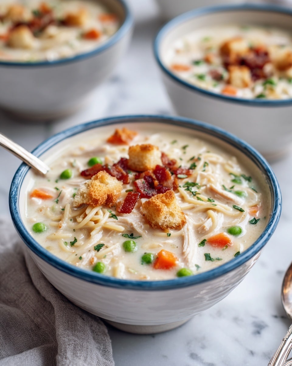 A close-up view of a creamy white soup served in three white bowls with a blue rim, each filled with a thick, milky broth containing visible pieces of shredded chicken, diced orange carrots, green peas, and light green celery. The soup is topped with small golden croutons and bits of crispy brown bacon, adding texture and color contrast on the surface. A woman's hand is holding one bowl, while a spoon is dipped inside, ready to scoop. The bowls are placed on a white marbled surface with a soft light gray cloth underneath, creating a cozy and inviting setting. Photo taken with an iphone --ar 4:5 --v 7