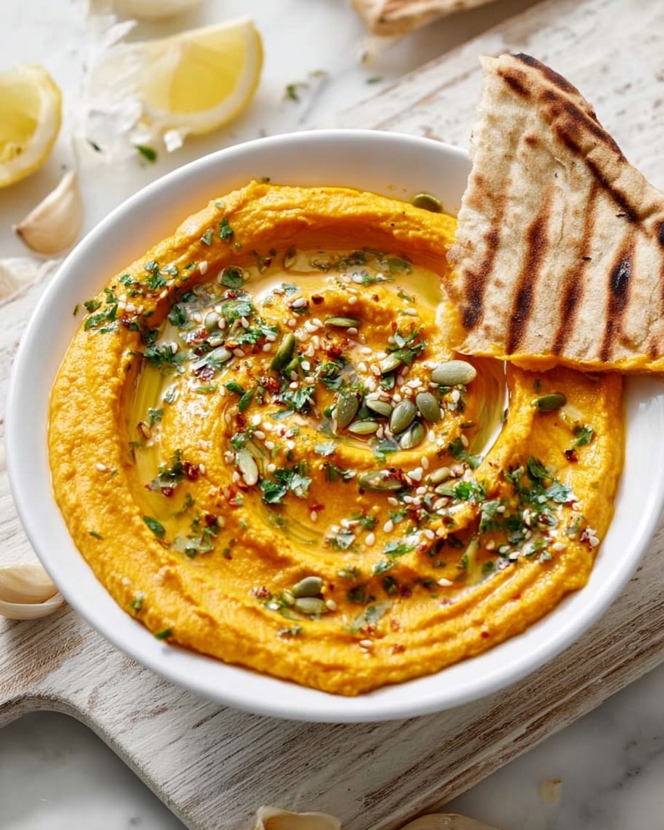 A white bowl filled with a smooth layer of bright orange hummus that has swirled texture on top. The hummus is drizzled with shiny olive oil and sprinkled with green chopped herbs, white sesame seeds, and small dark pumpkin seeds. A piece of grilled pita bread with visible brown grill marks is placed resting on the edge of the bowl, partly dipped into the hummus. The bowl is set on a light wooden table with some garlic cloves and a lemon half nearby, all on a white marbled surface. photo taken with an iphone --ar 4:5 --v 7