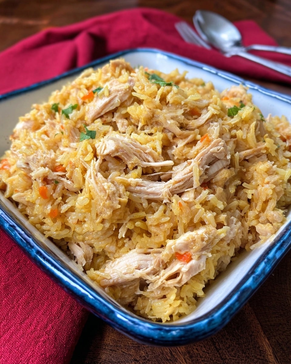 A close-up dish shows shredded light brown chicken mixed with yellow rice in a square white bowl with blue edges. The shredded chicken pieces are soft and integrated well with the rice, which has a moist texture and small bits of orange and light yellow seasoning throughout. The bowl rests on a dark wooden surface with a red cloth nearby. The photo taken with an iphone --ar 4:5 --v 7