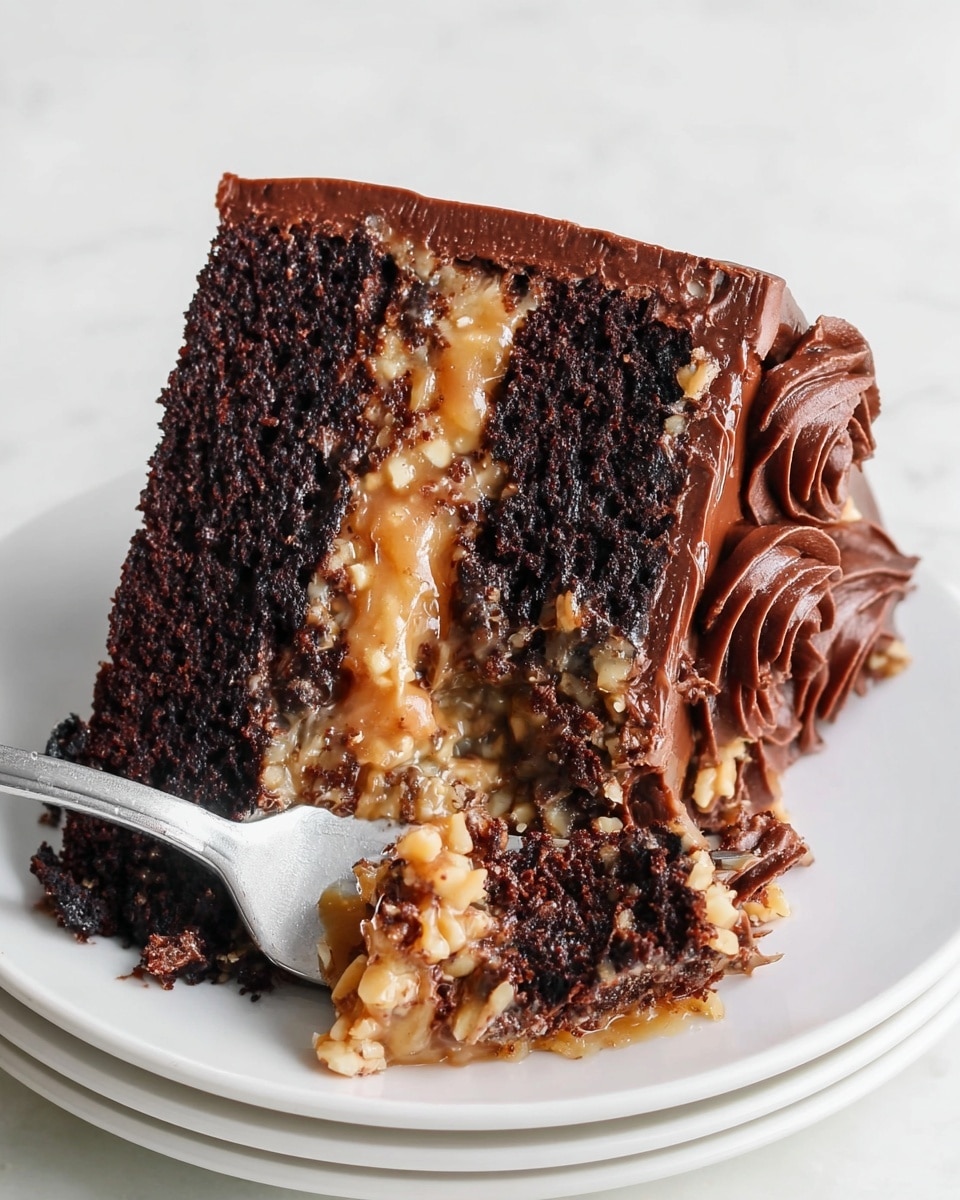 The image shows a close-up of a layered cake slice on a white plate with a white marbled surface background. The bottom layer is dark brown, indicating chocolate cake. Above it is a thick layer of light brown caramel mixed with chopped nuts and shredded coconut, creating a textured and chunky overlay. The top edge of the cake slice is decorated with swirls of smooth, medium brown chocolate frosting. The whole cake slice appears moist and rich, with a mix of creamy and crunchy textures. Photo taken with an iphone --ar 4:5 --v 7