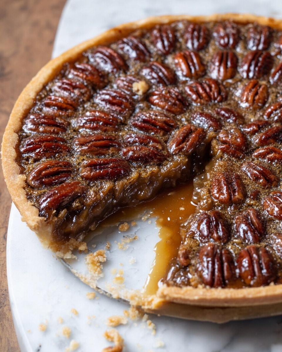 The image shows a slice of pecan pie on a white plate with a silver fork resting on the plate next to the slice. The pie slice has three visible layers: a golden brown crust at the bottom, a glossy dark brown filling in the middle with a gooey texture, and whole toasted pecans arranged evenly on the top layer. The whole pecan pie is partially visible in a silver pie pan to the right, with the same distinct layers and pecan arrangement. The background is a wooden table with a green cloth napkin partially under the pie pan, and some crumbs are scattered on the plate and table. Photo taken with an iphone --ar 4:5 --v 7