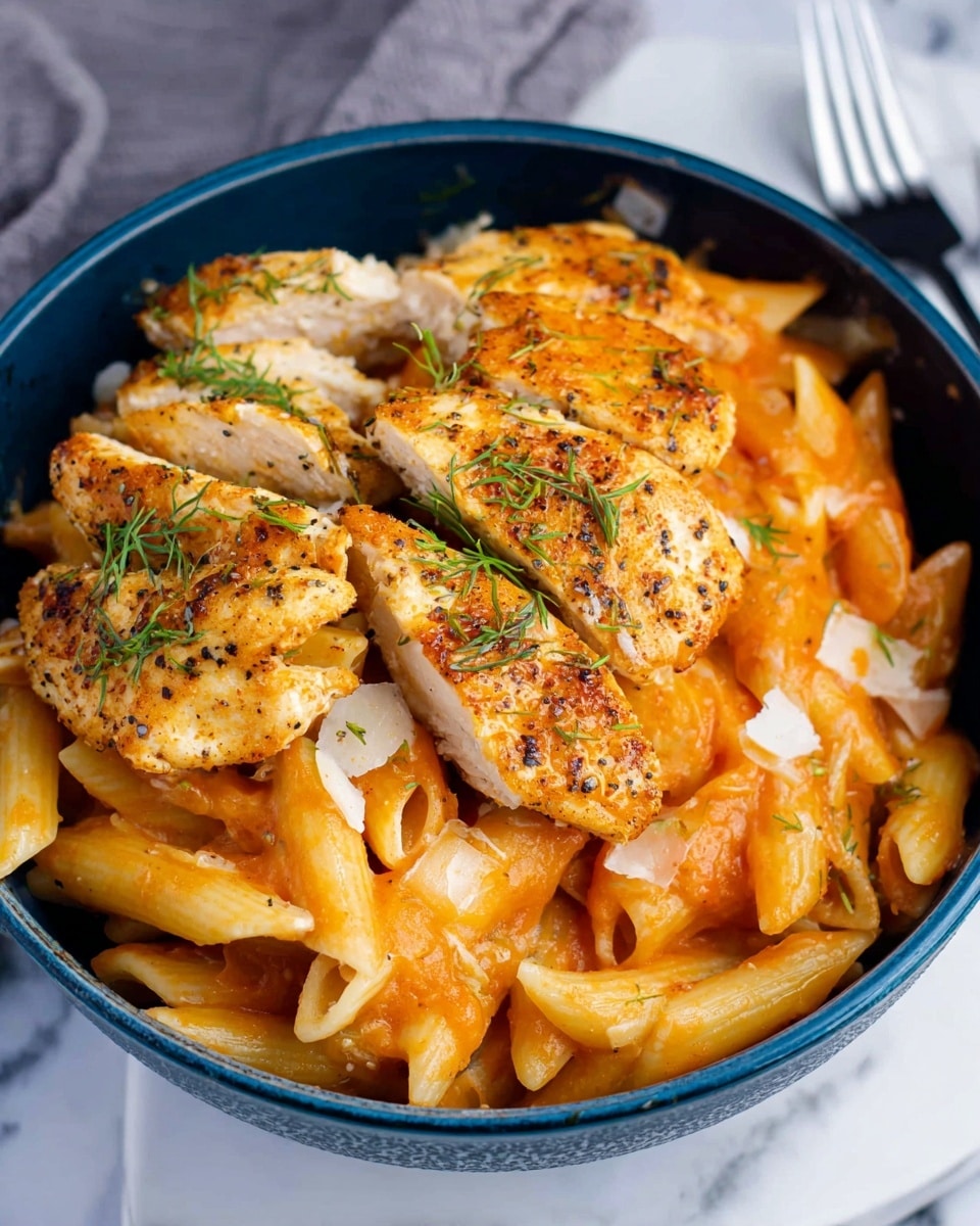 A close-up image of a blue bowl filled with pasta and shrimp. The bottom layer is penne pasta in a light red-orange sauce, mixed with small bits of white cheese scattered throughout. On top, there are several cooked shrimp pieces in a bright orange color with some seasoning and fresh green herbs sprinkled over them. The shrimp and pasta have a slightly glossy texture from the sauce, and the dish is garnished with finely chopped green dill and black pepper. The bowl sits on a white marbled surface with part of a fork and a gray cloth napkin visible in the background. Photo taken with an iphone --ar 4:5 --v 7