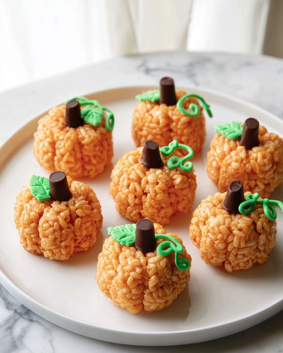The image shows a white plate holding eight small, round pumpkin-shaped treats made from a textured orange mixture resembling crispy rice cereal. Each pumpkin has a small dark brown cylindrical piece on top representing a stem. Green icing is used to create a leaf and a curly vine on each pumpkin, with the vine wrapping gently around the top. The plate sits on a white marbled surface, and the overall colors are warm orange, dark brown, and bright green. Photo taken with an iphone --ar 4:5 --v 7