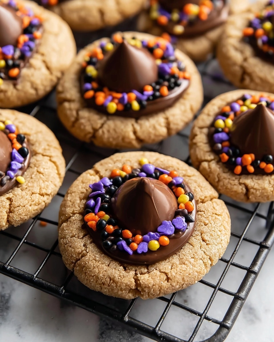 There are several round cookies with a cracked light brown surface on a black cooling rack over a white marbled background. Each cookie has a layer of dark chocolate on top, with a ring of colorful sprinkles in orange, yellow, purple, and black around a single, shiny, cone-shaped chocolate piece in the center. One cookie in the front shows a bite taken out, revealing a soft inside. A loose white cheesecloth is draped across the background. Photo taken with an iphone --ar 4:5 --v 7
