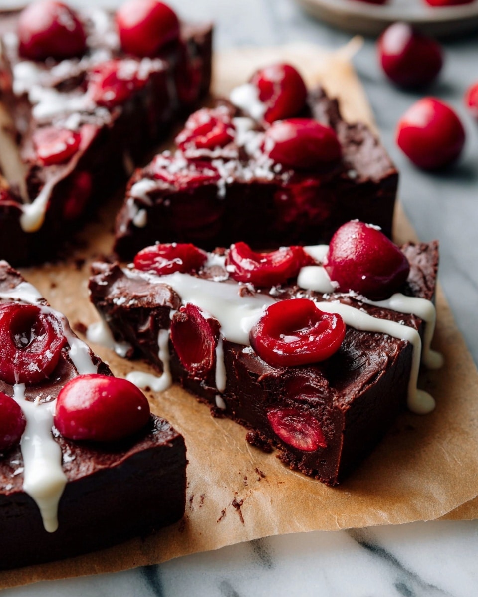 The image shows a chocolate dessert sliced into several pieces, placed on parchment paper over a white marbled surface. The dessert has one thick dark brown chocolate layer with a smooth but slightly rough texture. On top, there are bright red halved cherries scattered evenly across all slices. A white creamy drizzle runs over some parts of the chocolate, adding contrast to the rich chocolate and cherries. The focus is close-up, showing the texture of the chocolate and the juicy inside of the cherries clearly. Photo taken with an iphone --ar 4:5 --v 7