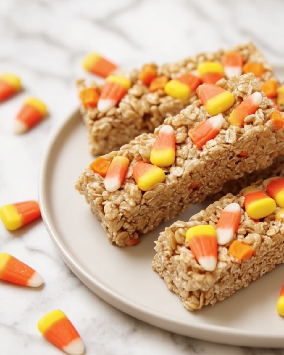 The image shows several rectangular oat bars laid out on a white marbled surface. Each bar has a visible texture made of rolled oats and small round candy sprinkles in white, orange, and yellow scattered on top and throughout. Large pieces of candy corn, with their three distinct colors of yellow at the base, orange in the middle, and white at the tip, are placed irregularly on the top surface of each bar. The bars look firm and thick, with dense layers of oats holding all the pieces together. The photo is taken with an iphone --ar 4:5 --v 7