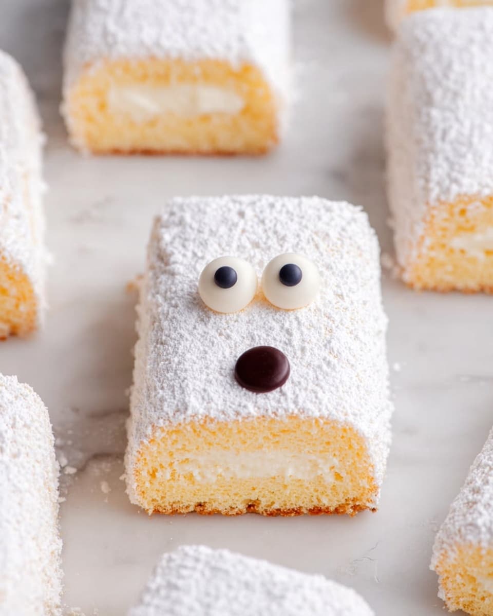 The image shows several rectangular sponge cakes lying on a white marbled surface. Each cake is covered with a thick layer of white powdered sugar, giving a fluffy texture on top. One of the cakes in the middle has two small round white candy eyes with black centers placed near its top center, creating a face. Below the eyes, there is a small round shape made of dark chocolate or frosting resembling a mouth or nose. The inside layer of the cakes is light yellow with a cream filling visible along the cut edges. Photo taken with an iphone --ar 4:5 --v 7