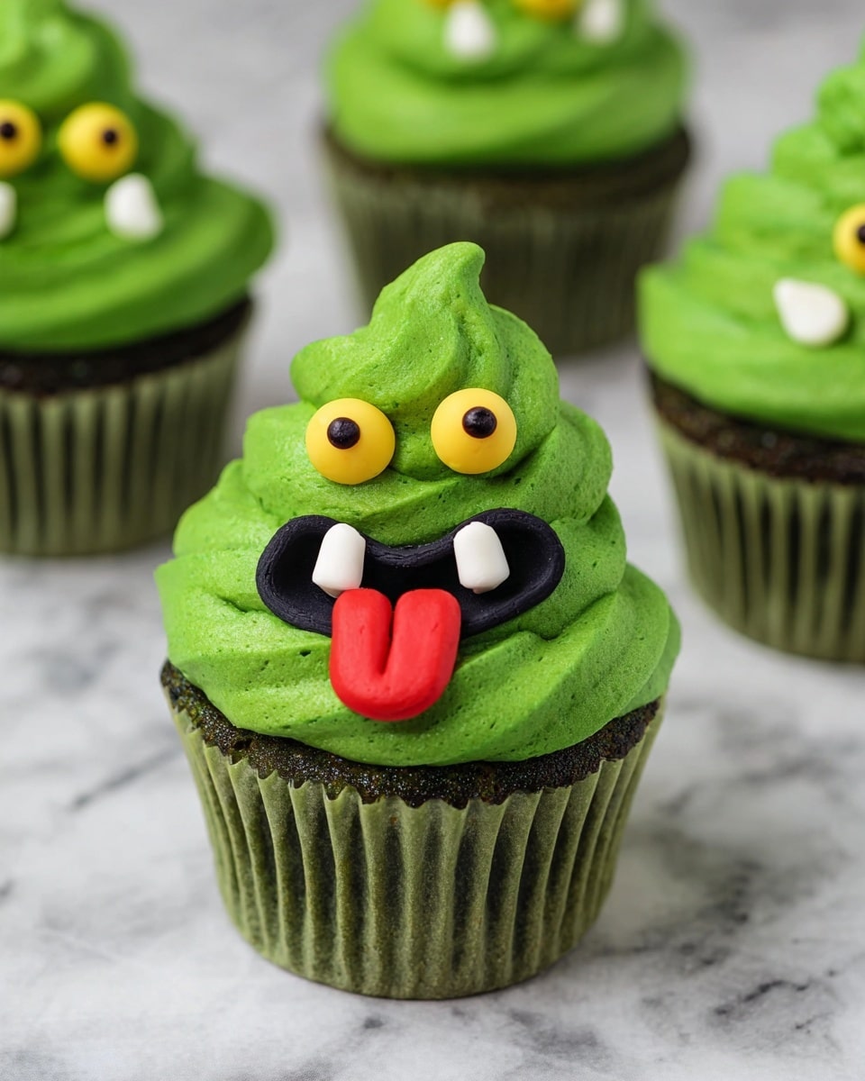 The image shows a group of green cupcakes on a white marbled surface. The main focus is on one cupcake cut in half, revealing three layers: a dark green soft cake base, a bright green jelly center, and a thick top layer of light green creamy frosting shaped in swirls. Around the cut cupcake, there are whole cupcakes with the same light green frosting, and one has a playful face decoration made of black, white, yellow, and red icing, with the red resembling a tongue sticking out. Cake crumbs and a scoop of dark green cake are nearby. Photo taken with an iphone --ar 4:5 --v 7