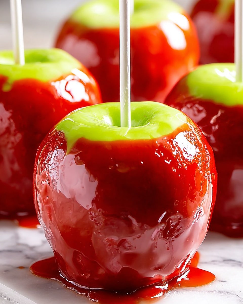 The image shows several shiny red candy apples with smooth, glossy coating that looks thick and sticky. Each apple is bright green with the coating covering almost all of the fruit, leaving a small green circle visible at the top around a white stick that is inserted into the apple. The candy covering has small bubbles and a few uneven spots, adding texture, and some of the red syrup is dripped around the apples on a white marbled surface. The apples are placed closely together, with the front apple in focus and the others slightly blurred in the background, creating depth. Photo taken with an iphone --ar 4:5 --v 7