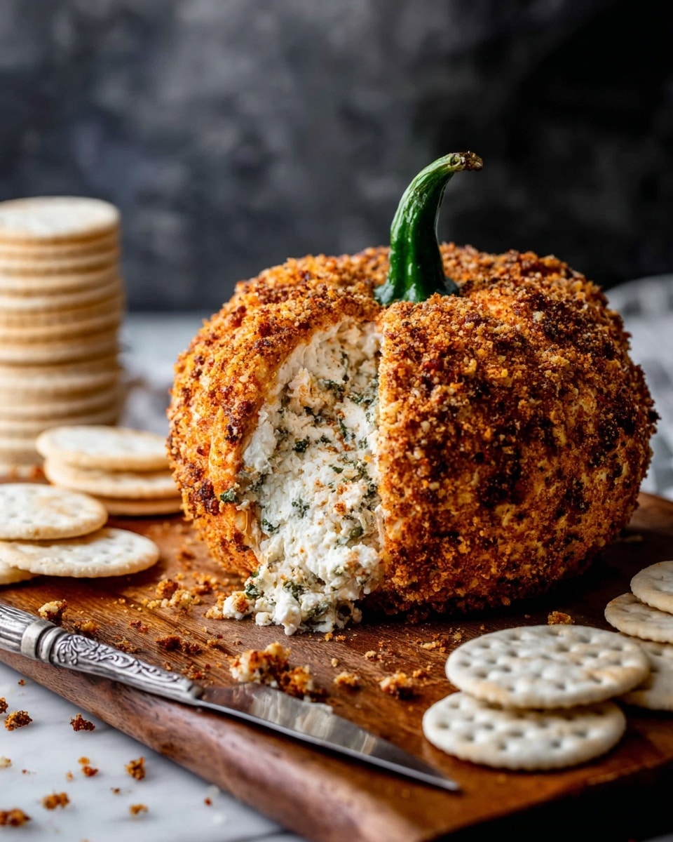 The image shows a round cheese ball shaped and textured like a small pumpkin, coated with a crumbly layer of mixed spices and nuts giving it a rough orange-brown color. The cheese ball has a green chili stem inserted on top to mimic a pumpkin stem. A large bite is taken out of the front, revealing a soft creamy white cheese mixed with green herbs. The cheese ball sits on a wooden board surrounded by stacks and scattered white round crackers with a few white triangle pita chips. A silver knife with some cheese on it lies in front. The backdrop is a dark blur and the whole setup is on a white marbled surface. Photo taken with an iphone --ar 4:5 --v 7
