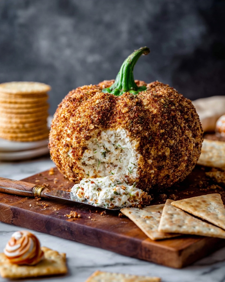 This image shows a round cheese ball shaped like a pumpkin, covered in a crumbly, brown nut coating with a green pepper stem on top. One side of the cheese ball is scooped out, showing a creamy white interior with small bits of herbs or spices mixed in. The cheese ball sits on a wooden board surrounded by different types of crackers: round golden brown ones on the left, stacked beige round ones behind, and triangular beige pita crackers on the right and front. A knife with some cheese on its blade rests in front of the cheese ball, next to a small cracker swirled with cheese. The background is a blurry dark gray, and the surface is white marble. photo taken with an iphone --ar 4:5 --v 7