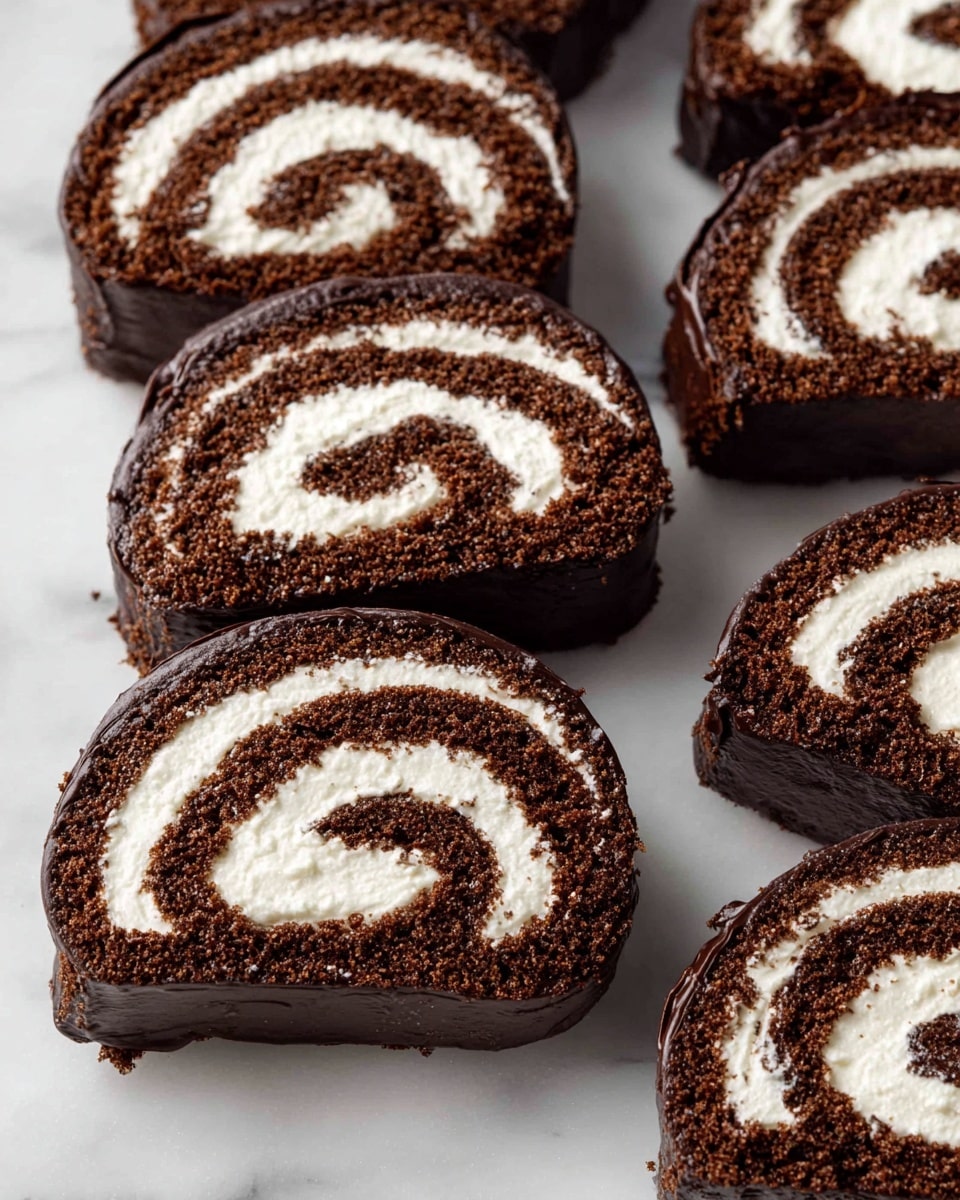 The image shows several slices of a chocolate roll cake arranged close together on a white marbled surface. Each slice has two layers: the outer layer is a dark brown chocolate sponge with a textured surface, and the inner layer is a thick, creamy white filling rolled in a spiral pattern. The roll is coated with a thin, glossy dark chocolate glaze on the outside edges of the slices. The lighting highlights the soft texture of the cream and the moistness of the chocolate cake. photo taken with an iphone --ar 4:5 --v 7