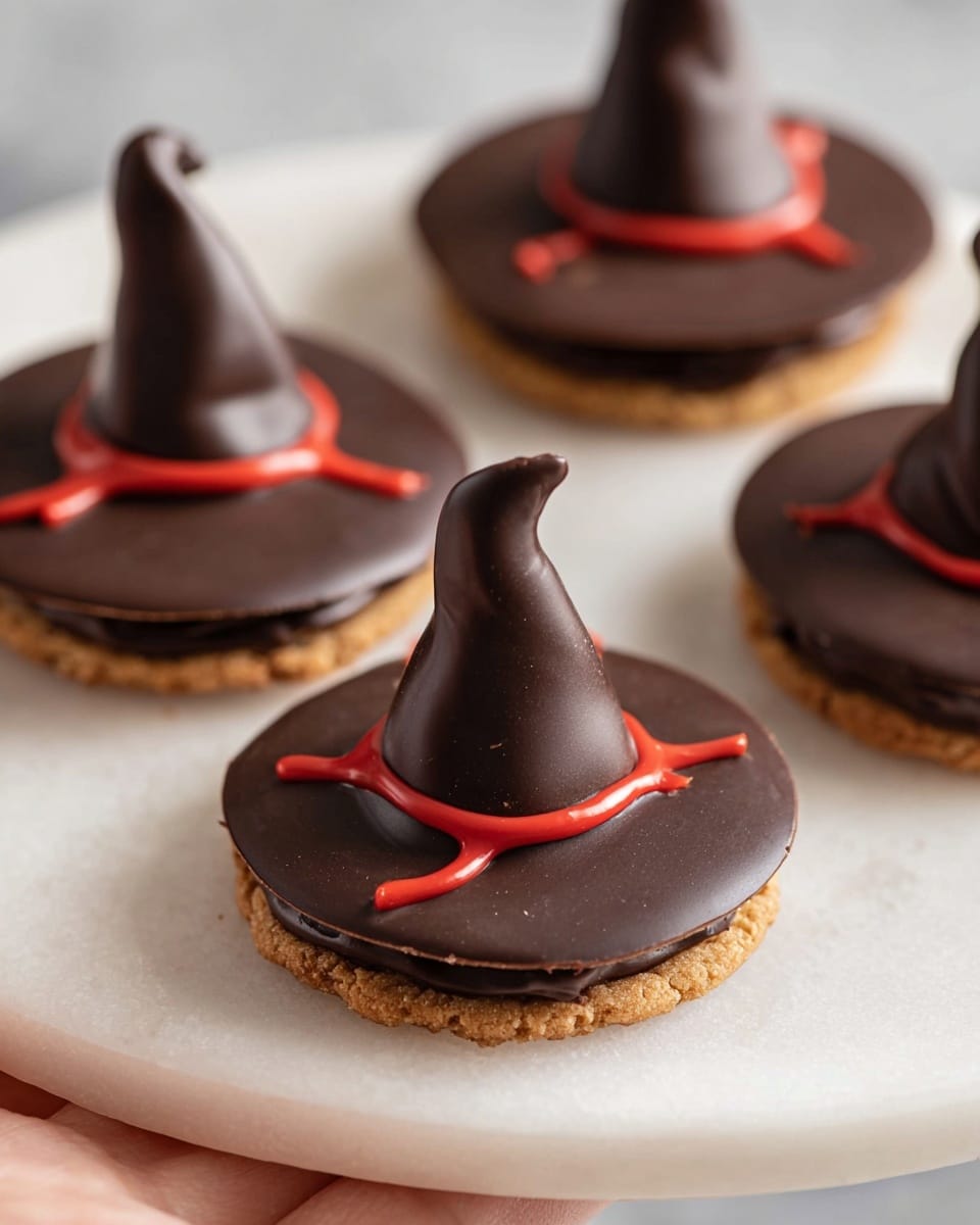 Four round treats sit on a white plate with scalloped edges. Each treat has a bottom layer of light brown pretzel visible at the edges, covered by a smooth, thick, dark chocolate layer with small holes. At the center of each treat is a dark chocolate kiss shape standing upright. Thin lines of bright red icing extend from the base of the kiss across the chocolate surface, resembling cracks or veins. In the background, there is a blurred container with colorful orange, white, purple, and black sprinkles and some more treats on a baking tray. The plate is placed on a white marbled surface. photo taken with an iphone --ar 4:5 --v 7