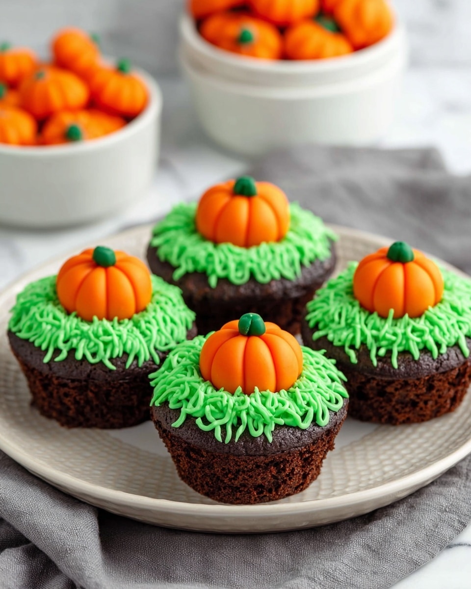 The image shows four small dark brown chocolate cupcakes on a white plate with a textured edge, placed on a grey cloth over a white marbled surface. Each cupcake has one layer of dark, moist chocolate base topped with a thick, bright green piped frosting that looks like grass. On top of the green frosting of each cupcake is a small orange pumpkin-shaped decoration with green leaves on top. In the background, there are two white bowls, one filled with similar orange pumpkin-shaped candies and the other half visible with yellow and orange candies. The photo is sharp and well lit, focusing on the cupcakes in the front. photo taken with an iphone --ar 4:5 --v 7