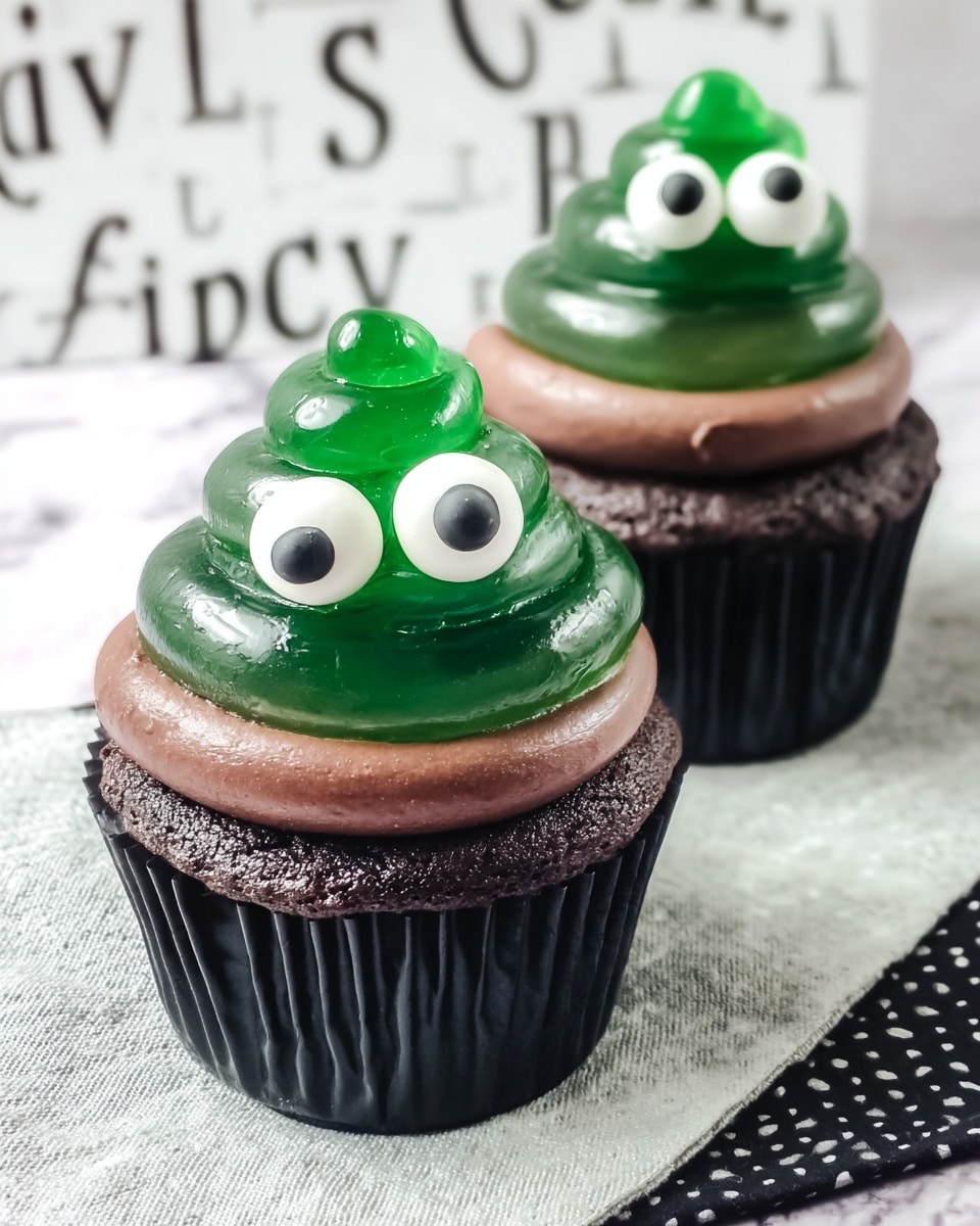 The image shows a close-up of a chocolate cupcake with three clear layers. The base is a dark brown chocolate cake in a black paper liner. On top of the cake is a smooth layer of light brown frosting, which is topped with a shiny green jelly swirl shaped like a small ghost or slime with two white candy eyes. The cupcake sits on a white marbled surface covered with a black cloth with white dots. In the background, there is a sign with a spider web decoration and colorful small plastic tools, all softly out of focus. Photo taken with an iphone --ar 4:5 --v 7