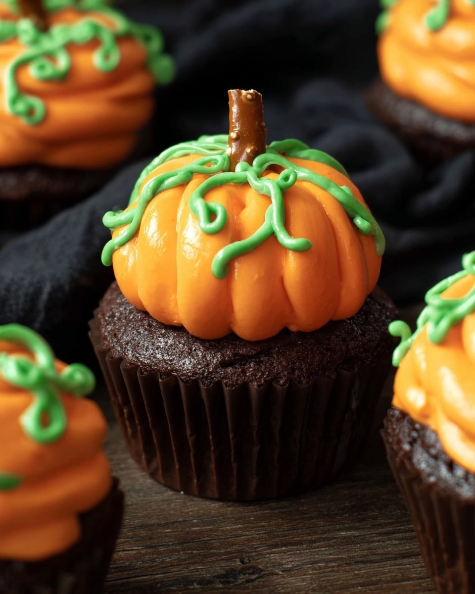 A dark brown chocolate cupcake sits as the base, topped with a thick layer of smooth, swirl-shaped bright orange frosting that covers the top fully. On the orange frosting, bright green frosting is piped in small curly vine shapes, adding texture and contrast. A small pretzel stick is placed in the center, standing upright to look like a pumpkin stem. The cupcakes are shown together on a dark brown wooden surface with a black cloth in the background, all filling the frame closely. photo taken with an iphone --ar 4:5 --v 7
