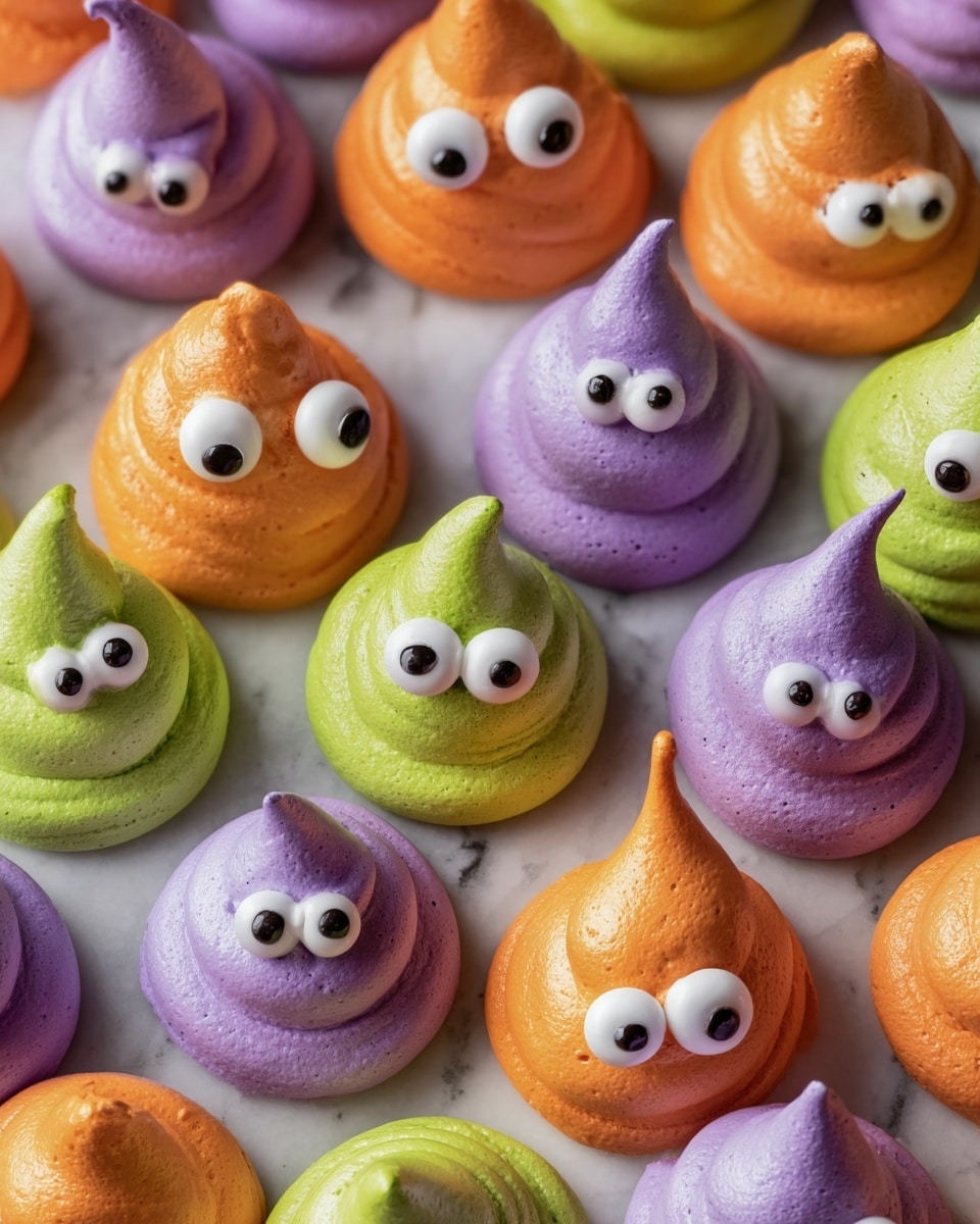 The image shows many small meringue shapes in three colors: bright orange, purple, and green. Each meringue has two or one large round white eyes with black centers, placed at different angles to give a funny, silly look. The orange and green meringues have a rounded, two-layered shape with a pointy tip at the top, while the purple ones have a single rounded layer with a pointed tip. They are arranged closely on a white marbled surface, filling the frame with their bright colors and playful expressions. Photo taken with an iphone --ar 4:5 --v 7