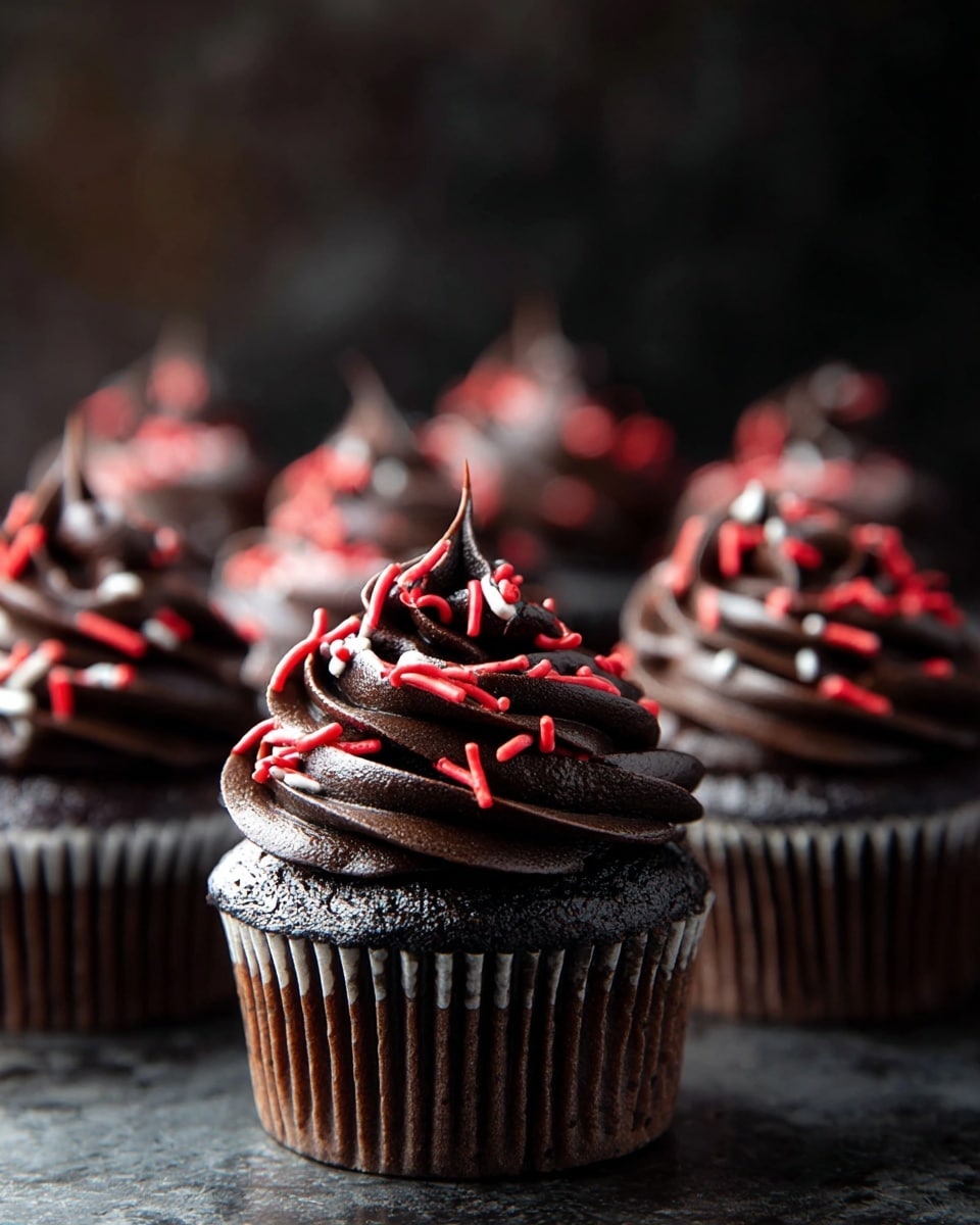 The image shows several chocolate cupcakes with rich, dark chocolate frosting swirled high on top in multiple thick layers, creating a peak at the center. The frosting is decorated with small red and white sprinkles scattered evenly over the surface. Each cupcake is wrapped in a brown ridged paper liner. The cupcakes are arranged on a dark surface with a blurred background that highlights the sharpness and detail of the closest cupcake. The photo taken with an iphone --ar 4:5 --v 7