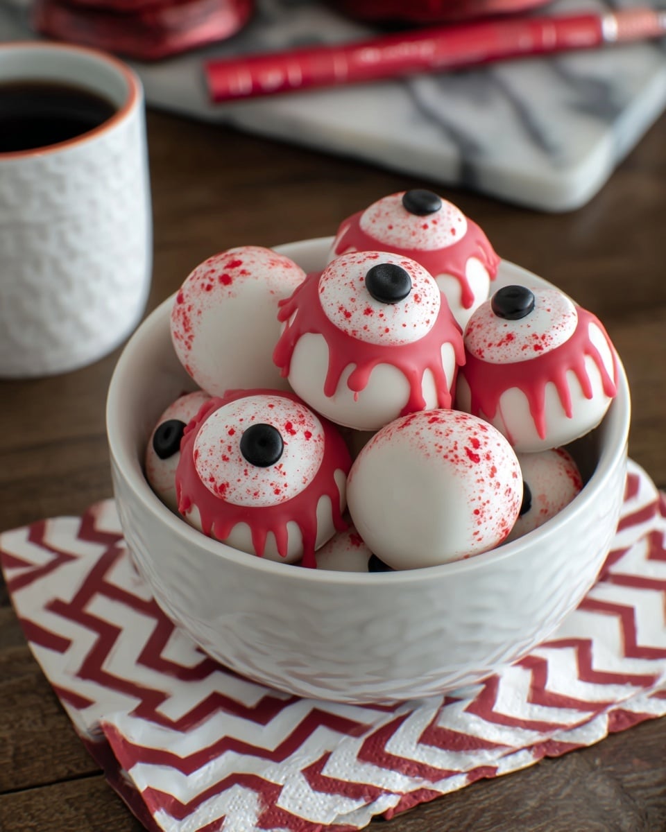 A white bowl filled with round white treats shaped like eyeballs, each with a black circle in the center and red icing that looks like blood dripping down the sides. The bowl is placed in a larger red bowl with white polka dots, sitting on a white marbled surface with a red and white chevron-patterned napkin underneath. The background shows a wooden table with some out-of-focus items including a white cup and a red tube. The lighting is soft and natural, making the colors clear and bright, photo taken with an iphone --ar 4:5 --v 7