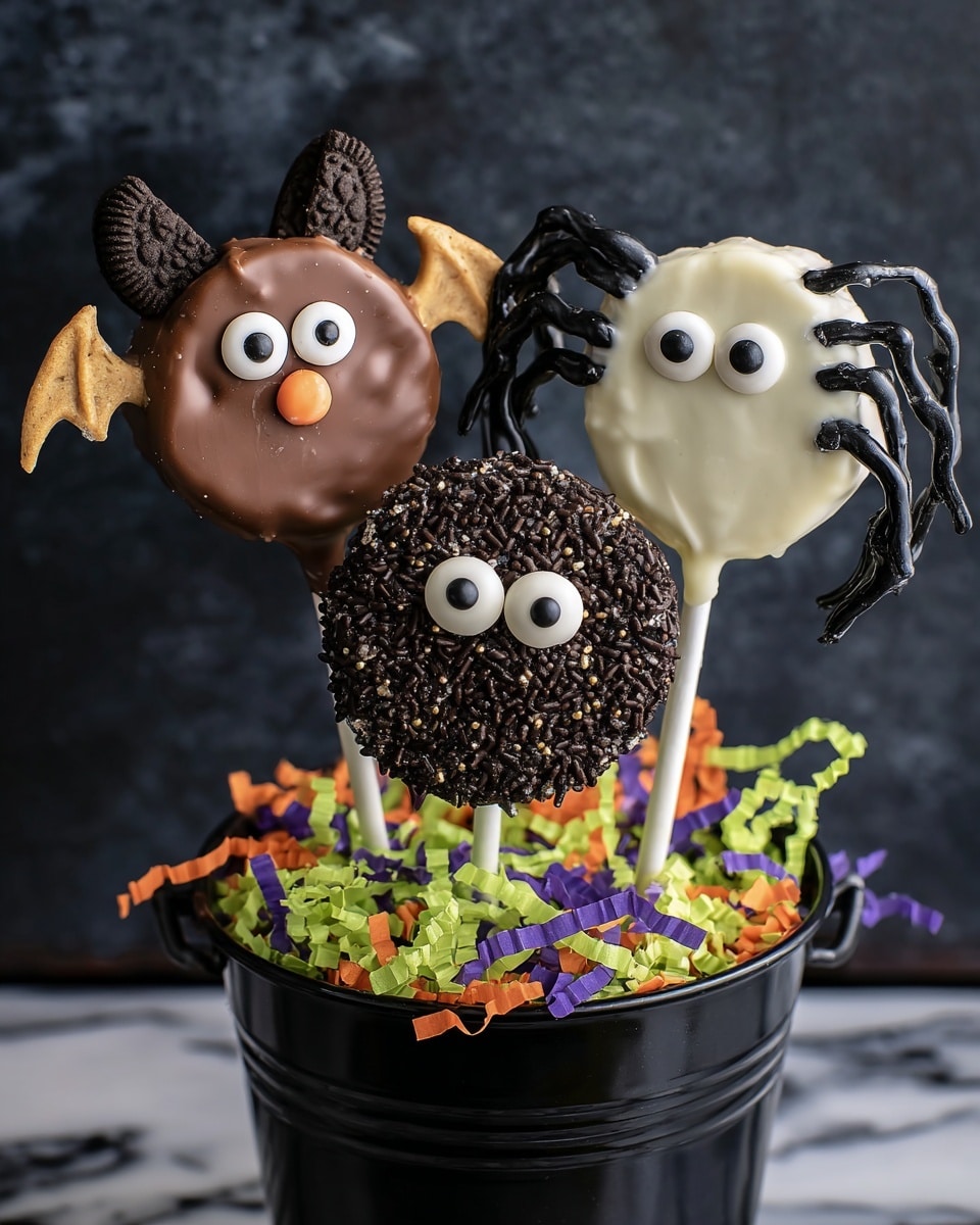 The image shows three round chocolate lollipops on sticks, lying on white parchment paper over a white marbled surface. The first lollipop on the left is dark chocolate with two red-and-white candy eyes and two curved white candy pieces resembling fangs, plus two black cookie halves placed like wings on each side. The middle lollipop is milk chocolate with crushed cookies on top, two white candy eyes close to the hole, and eight black licorice legs, four on each side, making it look like a spider. The third lollipop on the right is covered in white chocolate with a textured drizzle pattern and two white candy eyes. Around the lollipops are extra candy eyes scattered, and there are colorful paper streamers on the edge of the frame. Photo taken with an iphone --ar 4:5 --v 7