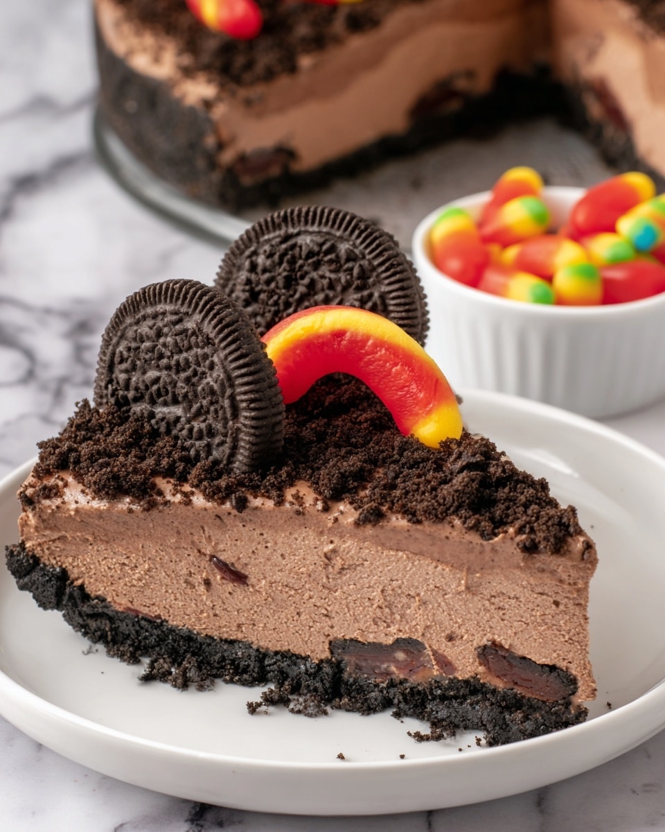 The image shows a slice of chocolate dessert with three visible layers: a dark crumbly cookie crust base, a thick middle layer of smooth chocolate cream with cookie bits inside, and a top layer covered in crushed dark cookies. On top, there is a whole chocolate sandwich cookie and a red and yellow gummy worm placed in a curve. Behind the main slice, part of another piece of the dessert is seen on a white plate, decorated the same way. In the background, there is a small white bowl filled with colorful gummy worms on a white marbled surface. The photo was taken with an iphone --ar 4:5 --v 7