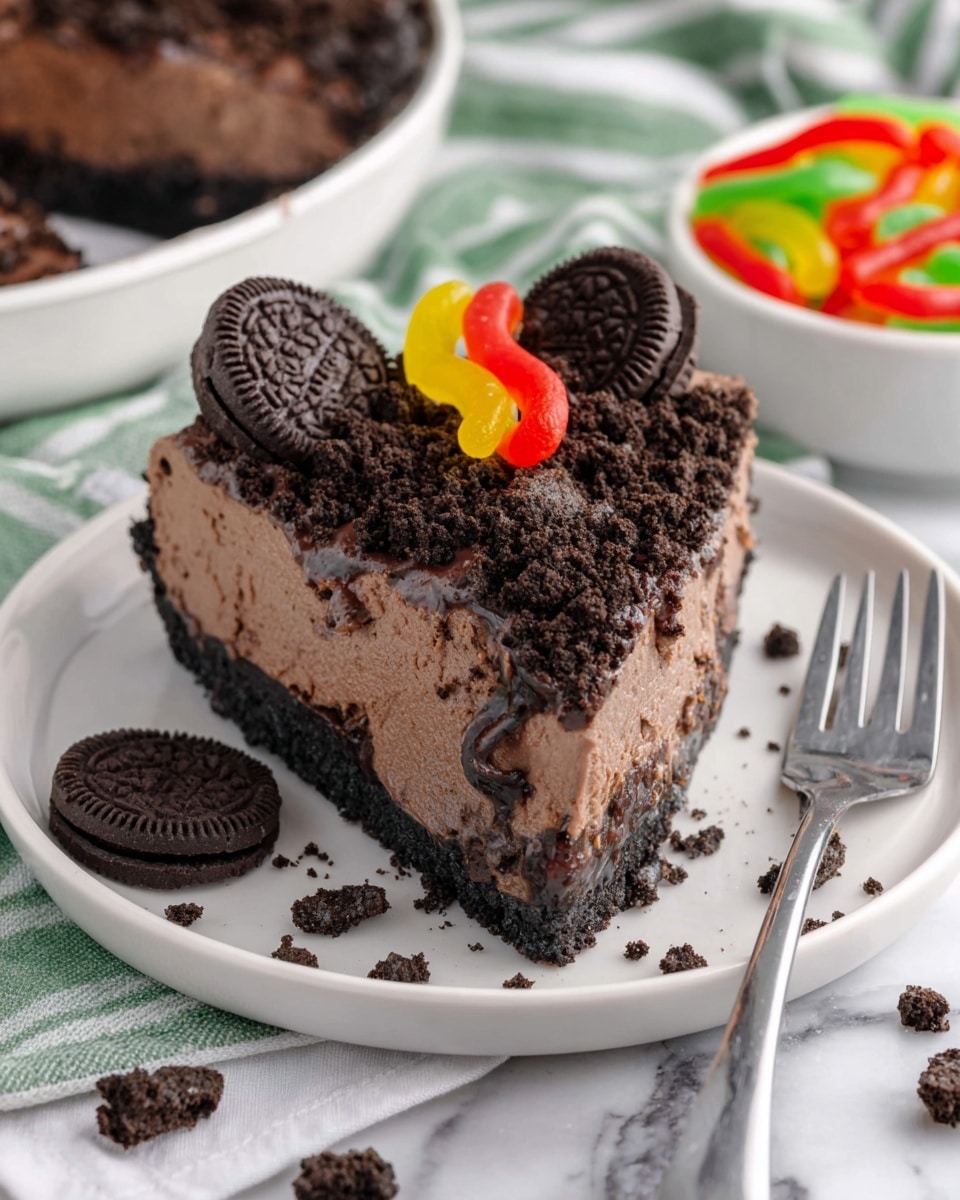 A slice of dark chocolate cookie dessert with three visible layers is placed on a white round plate on a white marbled surface. The bottom layer is a dark, dense cookie crust. The middle layer is a thick, creamy chocolate filling with tiny cookie bits. The top layer is a generous sprinkle of crushed dark cookies, topped with two whole round chocolate cookies at the back edge and two colorful gummy worms in the center. A silver fork rests next to the slice on the right, and a white bowl filled with red, yellow, and green gummy worms sits blurred in the background. The setup is on a white cloth with green stripes. Several loose crumbled cookies and gummy worms are scattered on the surface around the plate. Photo taken with an iphone --ar 4:5 --v 7