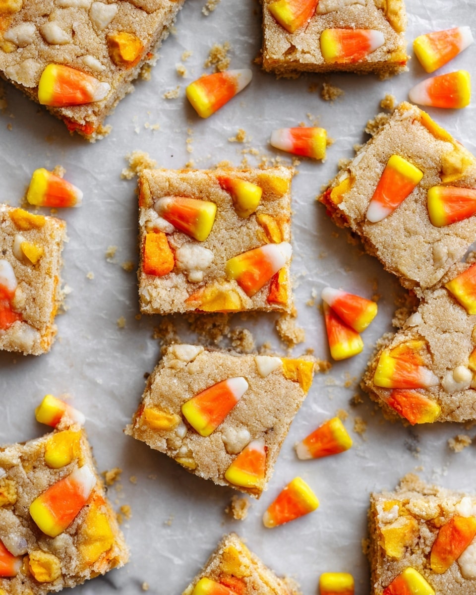The image shows several square cookie bars arranged closely on white parchment paper set on a white marbled surface. Each cookie bar has one soft-looking layer with a light brown, slightly crumbly texture and is studded with pieces of candy corn, which have three colors: yellow at the base, orange in the middle, and white at the tip. Some pieces of candy corn are whole, while others are broken into smaller bits. The cookie bars are scattered randomly with small crumbs around them. The view is from above, capturing the texture and color contrast between the cookie and the candy corn pieces. Photo taken with an iphone --ar 4:5 --v 7