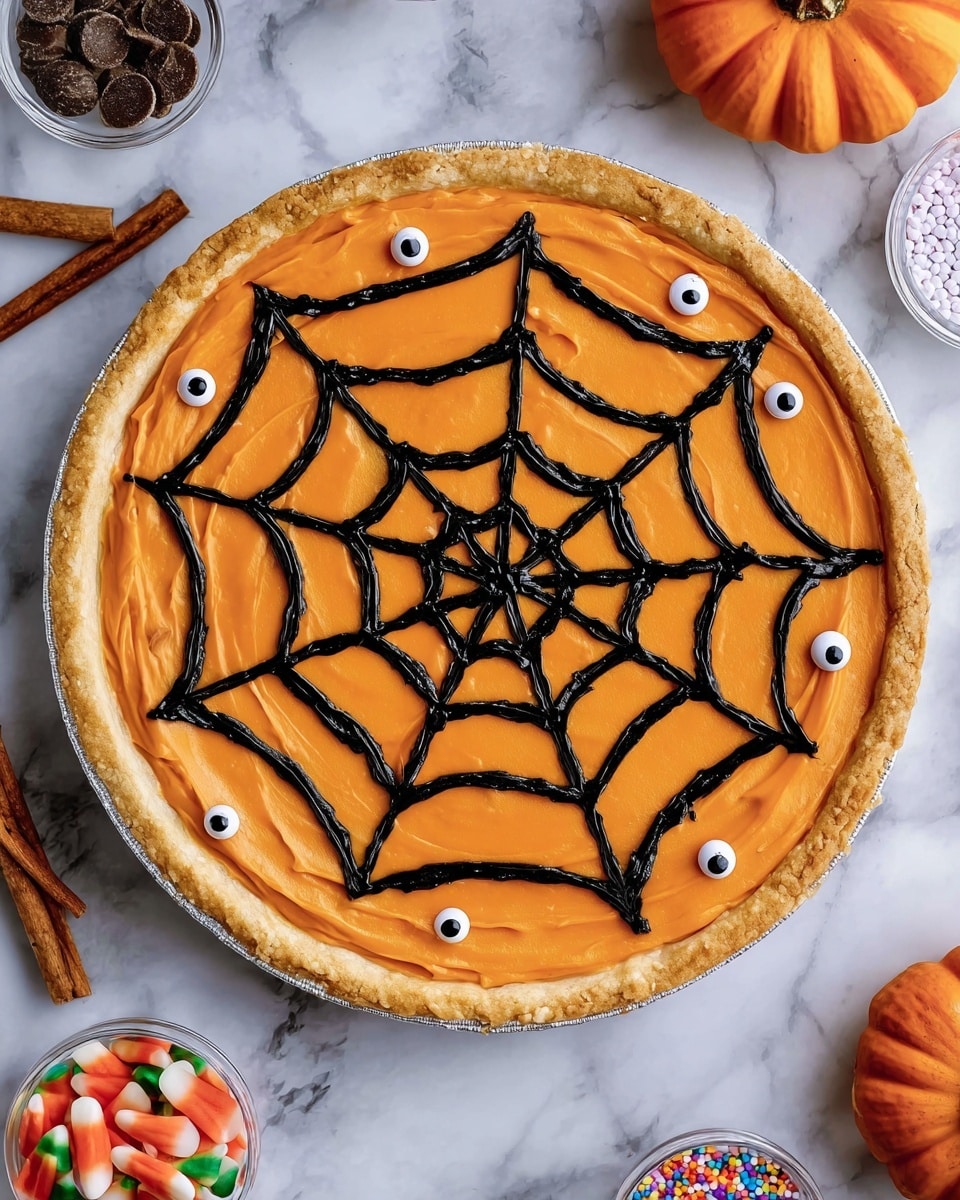 A round pie with a golden crust forms the base, topped with a smooth, bright orange layer of creamy filling spread evenly to the edge. On top of this orange layer is a black spider web design made with thin lines radiating from the center and connected by concentric circles. Small candy eyes are scattered across the web, adding a playful look. The pie sits in a white pan on a white marbled background with small pumpkin decorations, cinnamon sticks, and bowls of candy and sprinkles nearby. Photo taken with an iphone --ar 4:5 --v 7