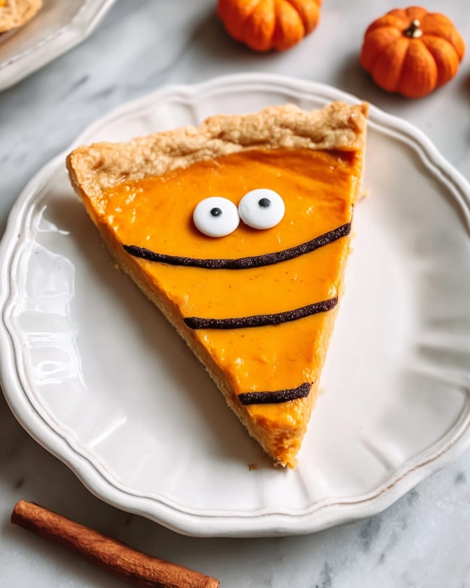 A single slice of pie sits on a white plate with wavy edges. The pie has a light brown crust that holds a smooth layer of bright orange filling on top. Black lines in a zigzag pattern run across the filling from the crust to the tip of the slice. Two small, round white candies with black centers resembling eyes are placed near the top center of the orange filling. The plate rests on a white marbled surface with small orange pumpkin decorations and a cinnamon stick around it. Photo taken with an iphone --ar 4:5 --v 7
