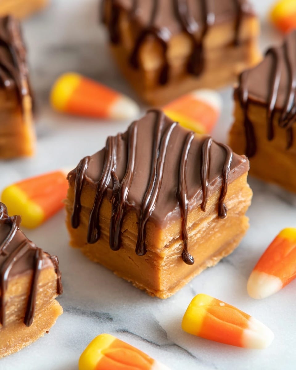 The image shows a close-up of a small square fudge piece with multiple thin layers, each layer a light brown creamy color. The fudge is topped with a smooth caramel-colored layer and decorated with thick, dark brown chocolate drizzle in wavy lines over the top and side. Around the fudge, there are several candy corn pieces with bright yellow, orange, and white colors. The fudge sits on a white marbled surface. photo taken with an iphone --ar 4:5 --v 7
