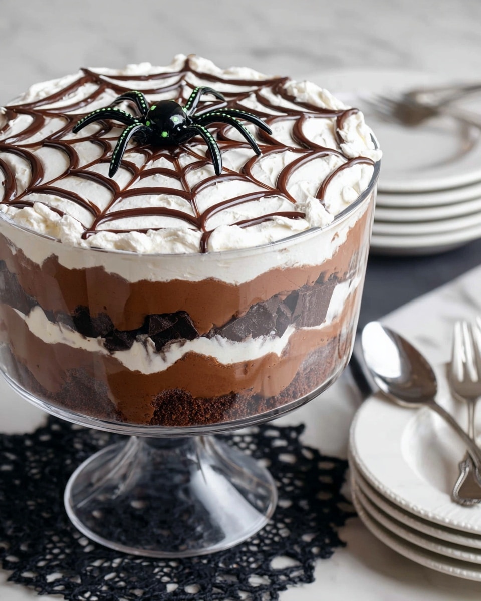 The dessert is a layered trifle in a clear glass bowl showing three layers: the bottom and middle layers are dark chocolate pieces, while the two middle layers between them are light brown chocolate mousse. On top, there is a thick layer of white whipped cream with a spider web design made of dark chocolate sauce. A black spider decoration with small green dots sits on the center of the web. The bowl is placed on a black decorative mat, and nearby is a stack of white plates with forks and a woman’s hand holding one fork, all on a white marbled surface. photo taken with an iphone --ar 4:5 --v 7