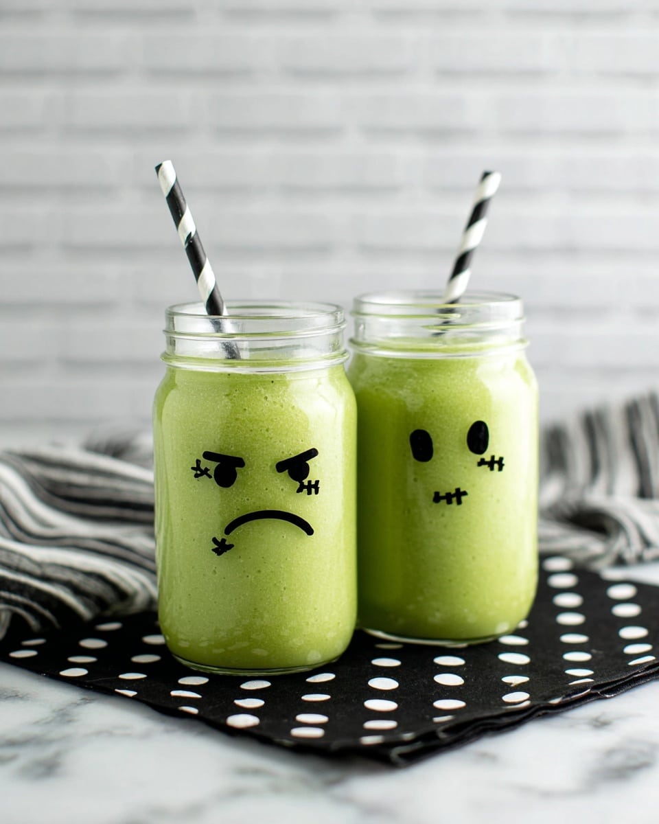 Two clear glass jars filled with a thick light green smoothie are placed side by side on a black napkin with large white polka dots, which is set on a white marbled surface. Each jar has a black and white striped paper straw inserted, and both jars have small cartoonish faces drawn on them, with simple black lines showing eyes and mouths combined with small marks that look like stitches, giving the faces an expressive, slightly grumpy look. In the background, there is a soft focus white brick wall and a folded cloth with black and white stripes. The photo taken with an iphone --ar 4:5 --v 7