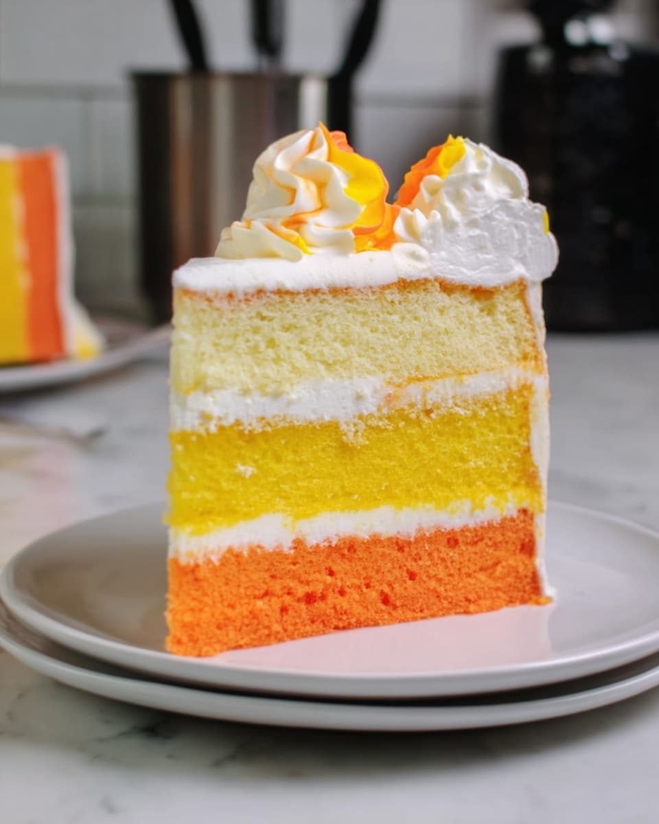 The image shows a tall round cake with three clear horizontal layers covered in sugar crystals: a yellow bottom layer, an orange middle layer, and a white top layer. On the top of the cake, there are eight decorative swirls in a circle. Each swirl has a base with yellow and orange colors blended, topped with a small white dollop. The cake sits on a white cake board, placed on a white marbled surface. Photo taken with an iphone --ar 4:5 --v 7