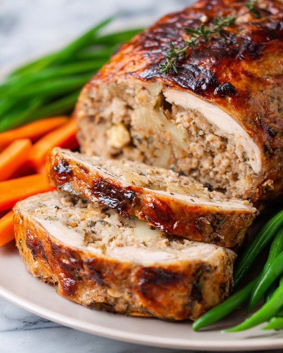 The white plate holds three sliced pieces of a turkey roll, with a light brown outer layer and a textured stuffing visible inside with pieces of celery and bread. Beside the slices is a small dollop of dark red cranberry sauce. Next to that, there are two round, golden brown stuffing balls with small green herb bits. In front of these are three round, golden brown roasted potatoes. There is a scoop of creamy white mashed potatoes in the center of the plate. At the bottom left side of the plate, there are bright orange carrot sticks and fresh green beans arranged in small clusters. The plate is placed on a white marbled surface. Photo taken with an iphone --ar 4:5 --v 7