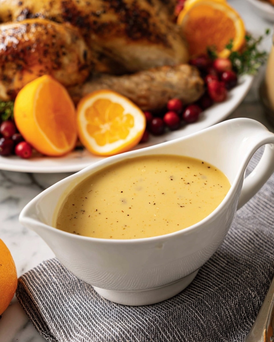A white sauce boat filled with light yellow gravy that has a smooth, slightly thick texture and small black pepper specks on the surface, placed in the foreground on a gray striped cloth. Behind the gravy, there are roasted brown chicken pieces with a crispy skin on a white plate, alongside two bright orange halved tangerines and some red berries, all set on a white marbled surface. Photo taken with an iphone --ar 4:5 --v 7