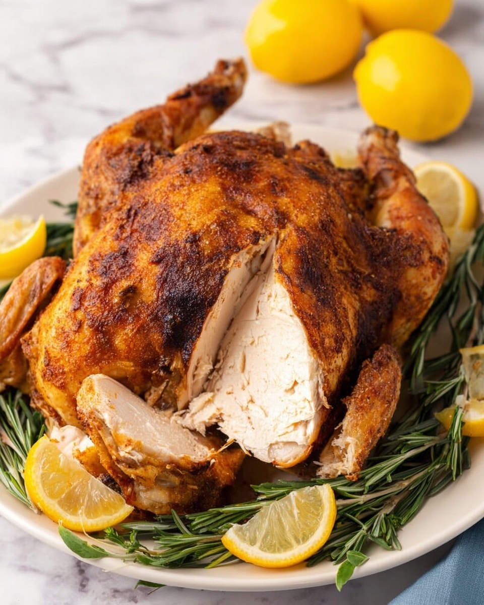 A whole roasted chicken with golden brown, crispy skin sits on a white plate, resting on a bed of fresh green rosemary sprigs and small lemon wedges. The chicken is partially sliced on one side, revealing the moist white meat inside with a smooth texture. A few lemon slices and two whole lemons are positioned in the background on a white marbled surface. The overall scene shows warm colors with the herbs adding a fresh green contrast photo taken with an iphone --ar 4:5 --v 7