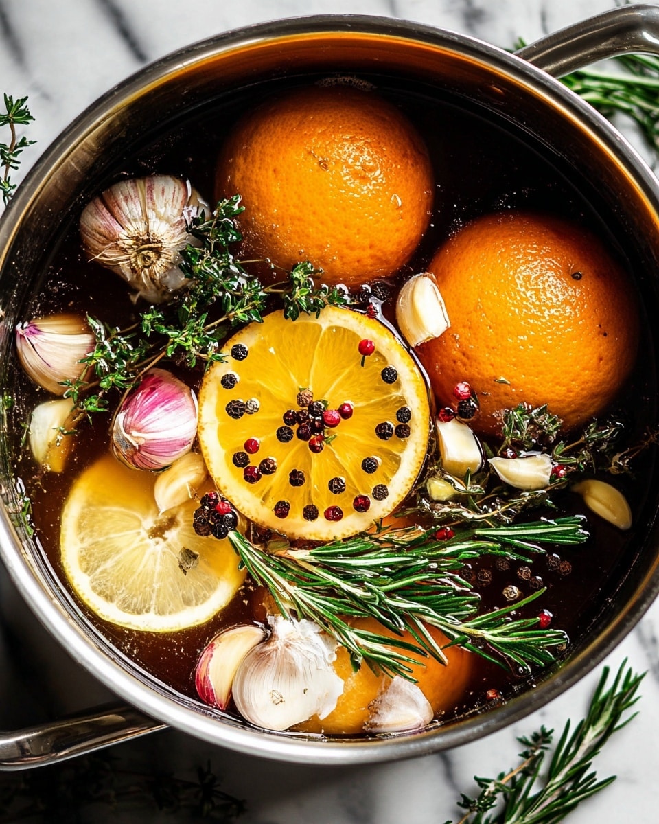 A shiny metal pot is filled with a dark brown liquid, floating with several whole and sliced oranges showing bright orange peels and juicy segments; there is one lemon slice near the center with pale yellow rind and a textured inside. Clusters of whole garlic bulbs with white and purple skin, some sliced to show pale interior, are scattered throughout. Green herbs like rosemary and sage with long, thin leaves float on top, adding layers of green color. Small multicolored peppercorns are sprinkled on the fruit and herbs, adding spots of black, white, red, and green. The pot edges frame the mix well, sitting on a white marbled surface. photo taken with an iphone --ar 4:5 --v 7