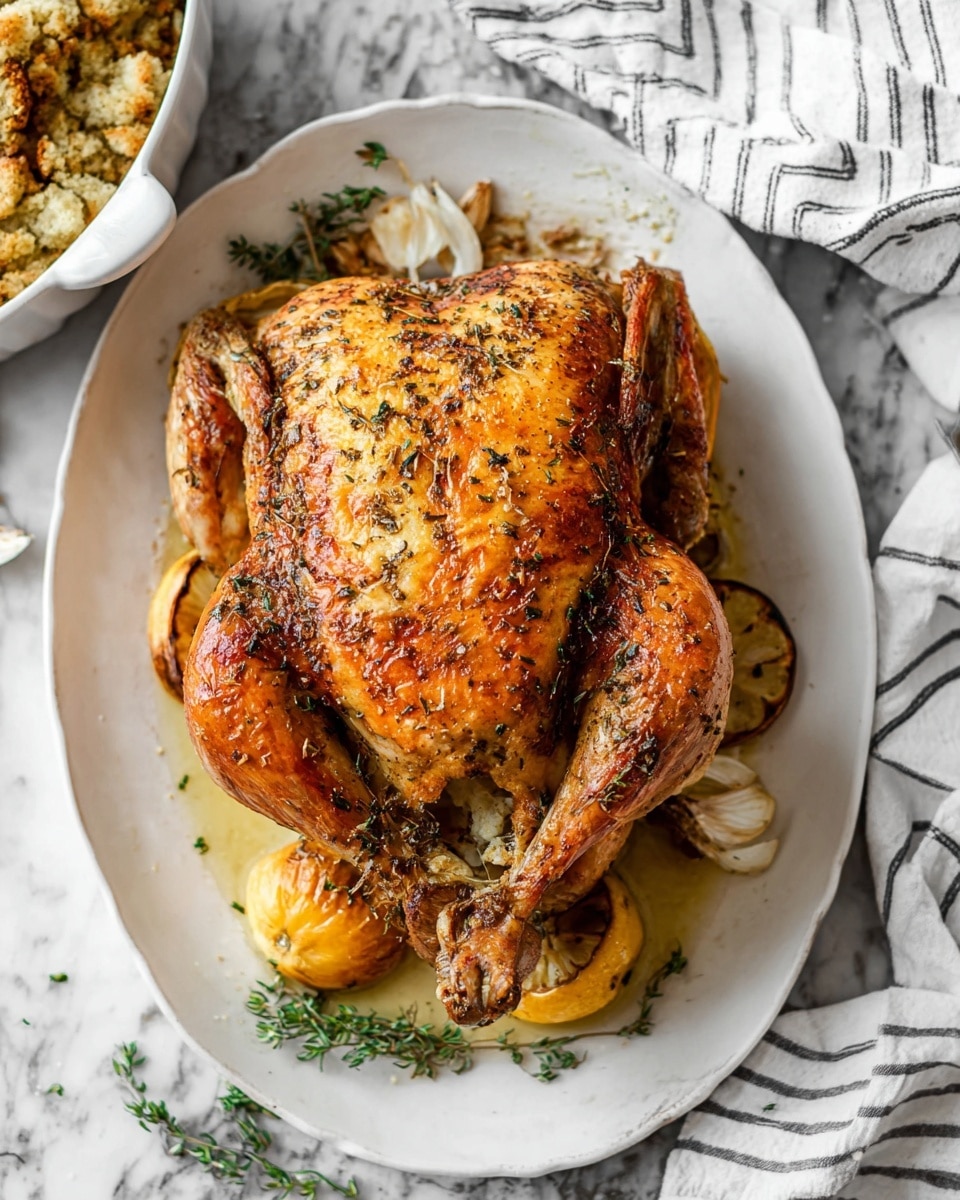 A whole roasted chicken with golden brown, crispy skin speckled with herbs sits on a white oval plate. The chicken has its legs crossed on top, showing a rich, slightly shiny texture. Under the chicken, there are roasted lemon slices, garlic cloves, and herbs adding color with yellow, white, and green tones. The plate is placed on a white marbled surface with a striped white and gray cloth near the top right. Part of a white dish with stuffing is visible in the top left corner. Photo taken with an iphone --ar 4:5 --v 7