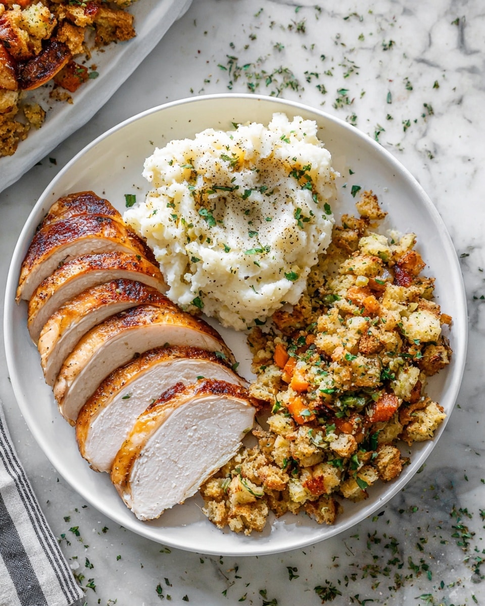 A white round plate holds three layers of food: on the left side are five thick slices of golden-brown roast turkey with a crispy textured skin, in the center top is a mound of creamy white mashed potatoes sprinkled lightly with black pepper and green herbs, and on the right side is a loose pile of golden, crumbly stuffing with bits of green herbs and orange carrot pieces mixed in; the plate sits on a white marbled surface with some scattered green herb bits around it. photo taken with an iphone --ar 4:5 --v 7