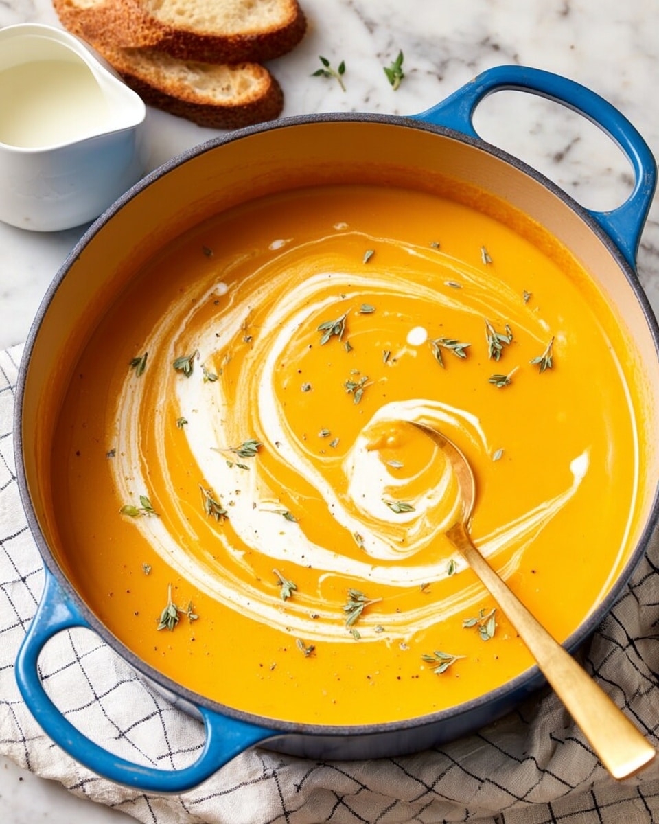 A large pot filled with smooth orange soup, with a swirl of white cream forming curved patterns on the surface. Small green herb sprigs are scattered on top, adding texture and contrast. A golden spoon is partly dipped into the soup on the right side of the pot. The pot is blue with a sturdy handle on the left, sitting on a white marbled surface, with a white and gray checkered cloth partially visible beneath it. A small white jug containing more cream and slices of toasted bread sit in the background. Photo taken with an iphone --ar 4:5 --v 7